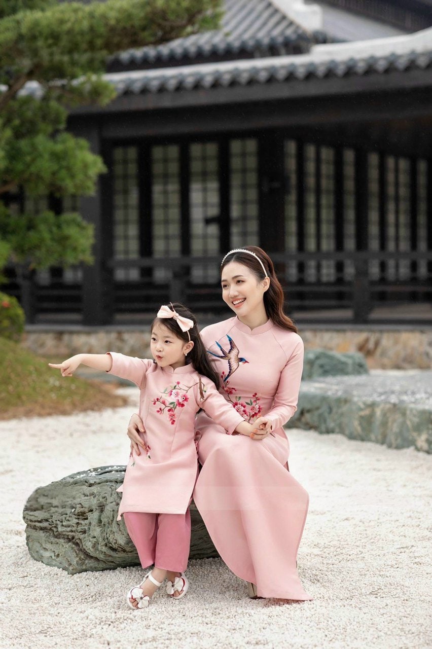 Mom and Daughter Blush Embroidery Matching Ao Dai Set (Hot Pink Pants)