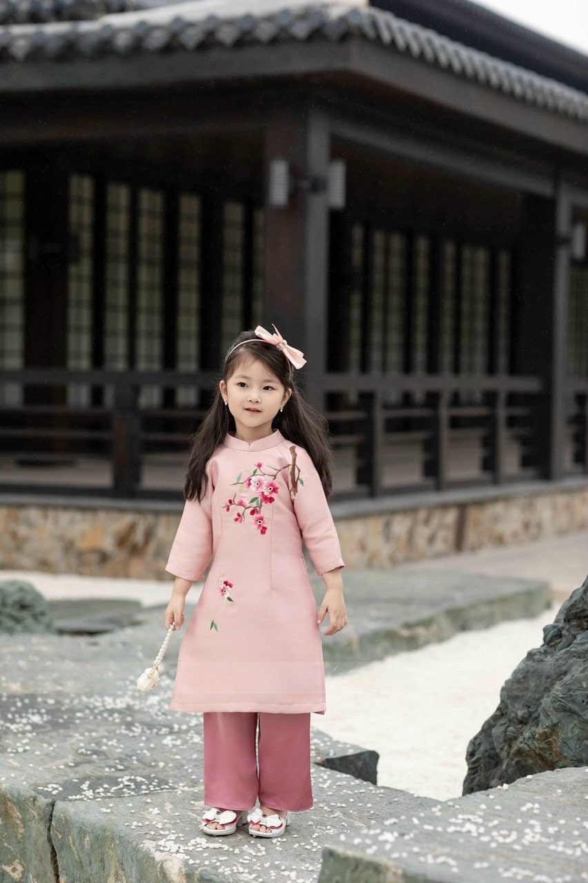 Mom and Daughter Blush Embroidery Matching Ao Dai Set (Hot Pink Pants)