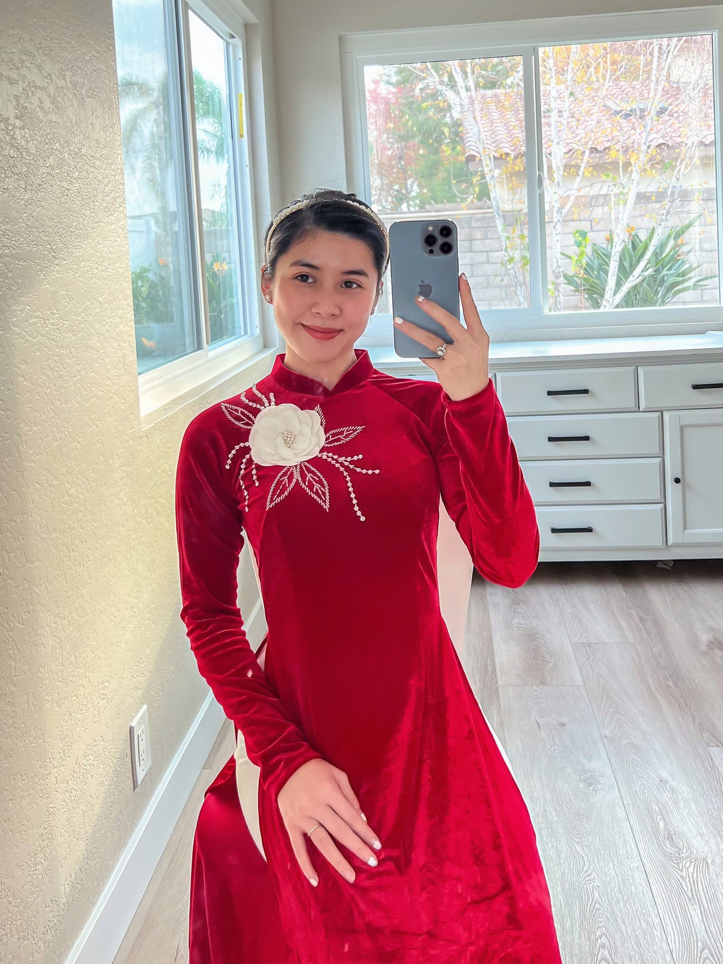 Red Velvet with 3D Flower Ao Dai Set