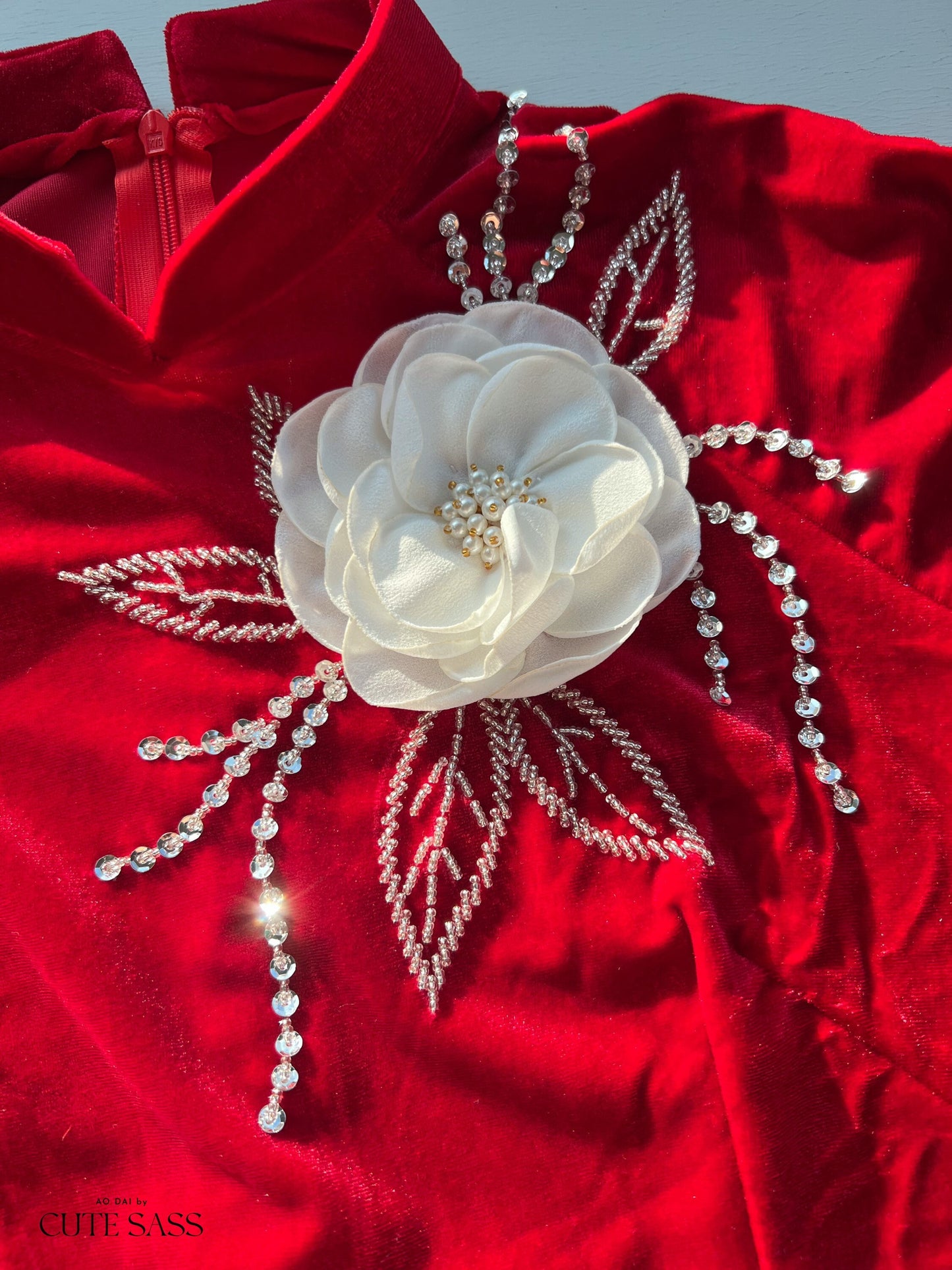 Red Velvet with 3D Flower Ao Dai Set
