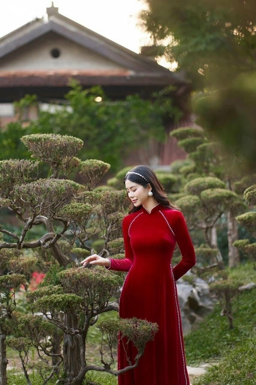 Red Velvet Pearl Ao Dai Top Only (No Pants)