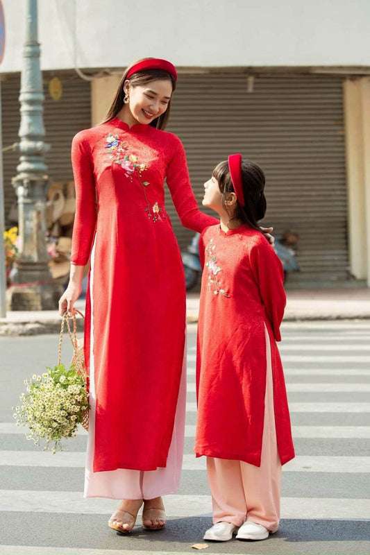 Mom and Daughter Red Embroidery Ao Dai Set