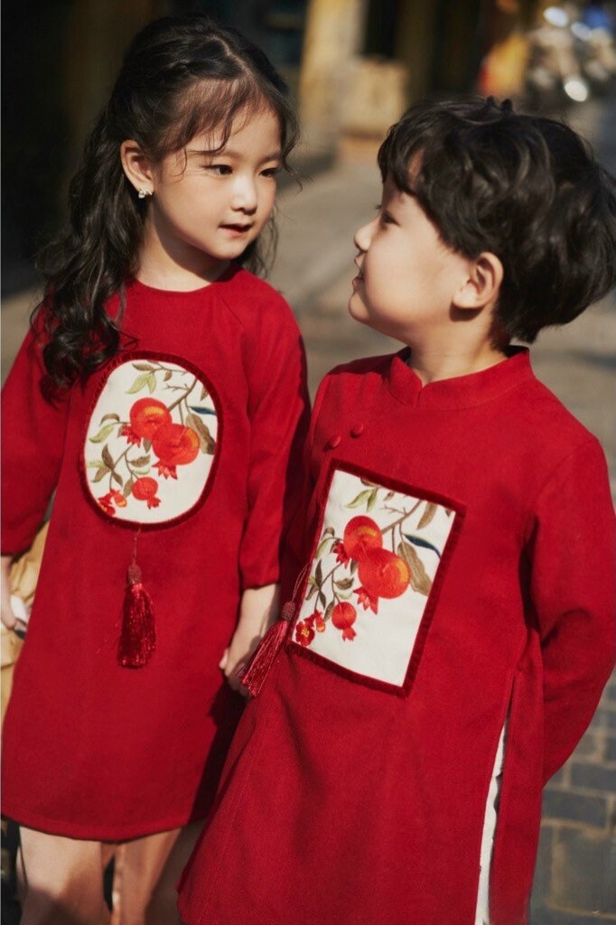 Sibling Orange Red Pom Ao Dai Set