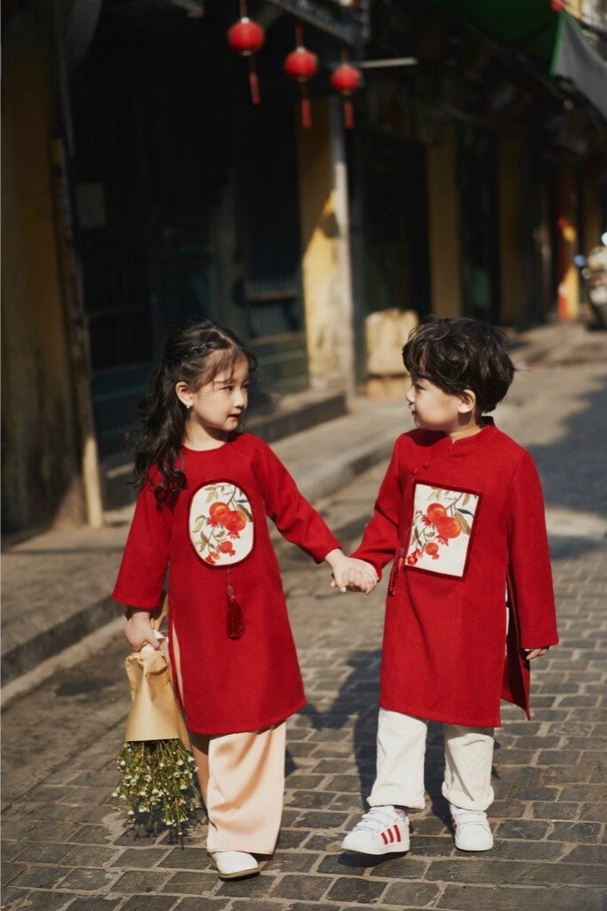 Sibling Orange Red Pom Ao Dai Set