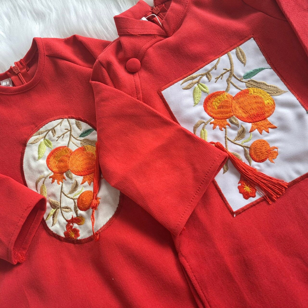 Sibling Orange Red Pom Ao Dai Set
