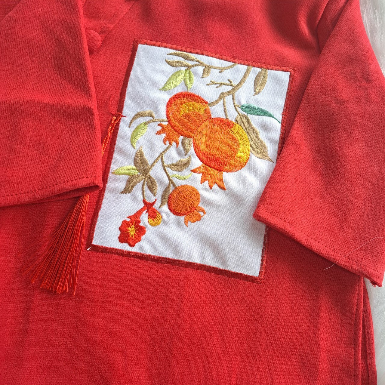 Sibling Orange Red Pom Ao Dai Set