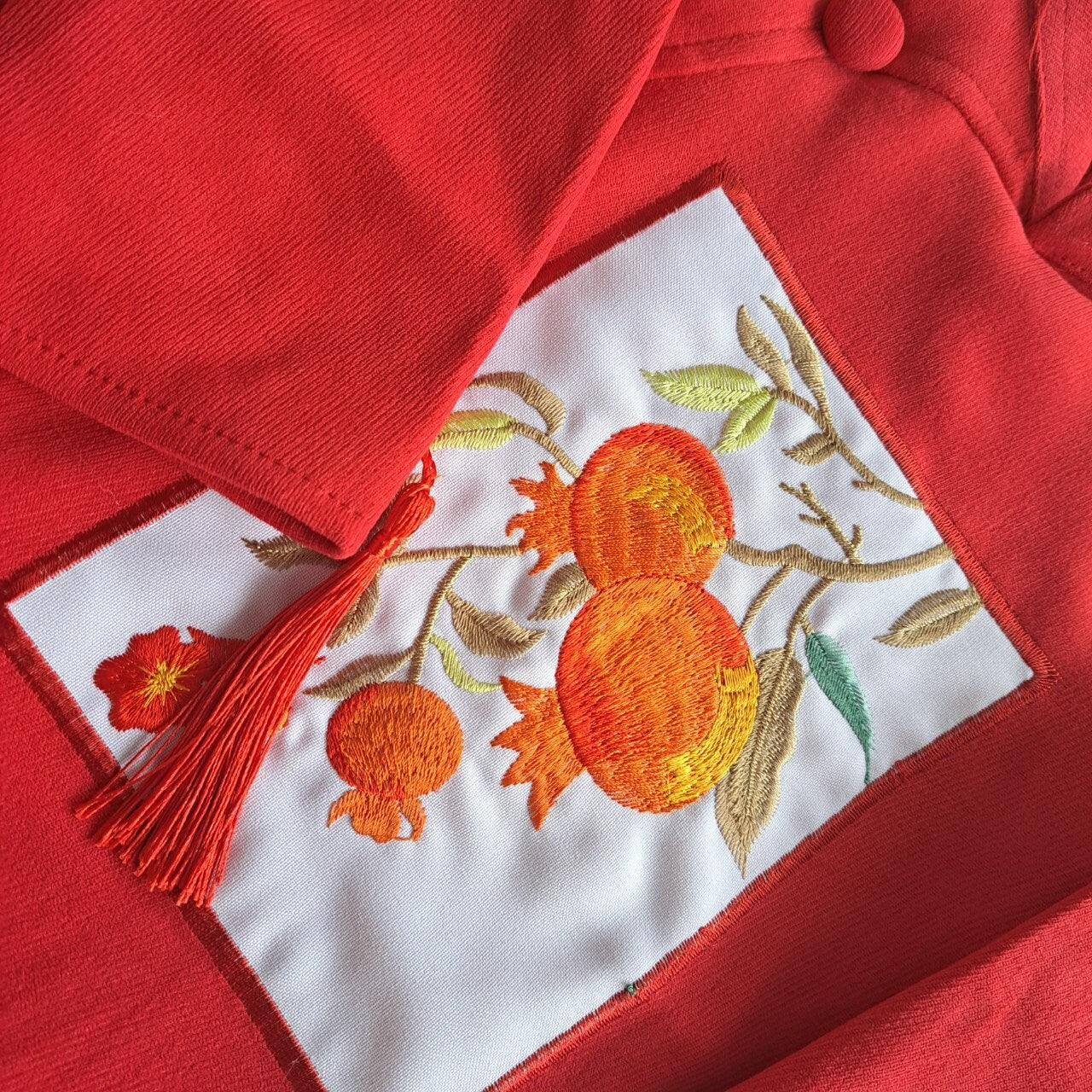 Sibling Orange Red Pom Ao Dai Set