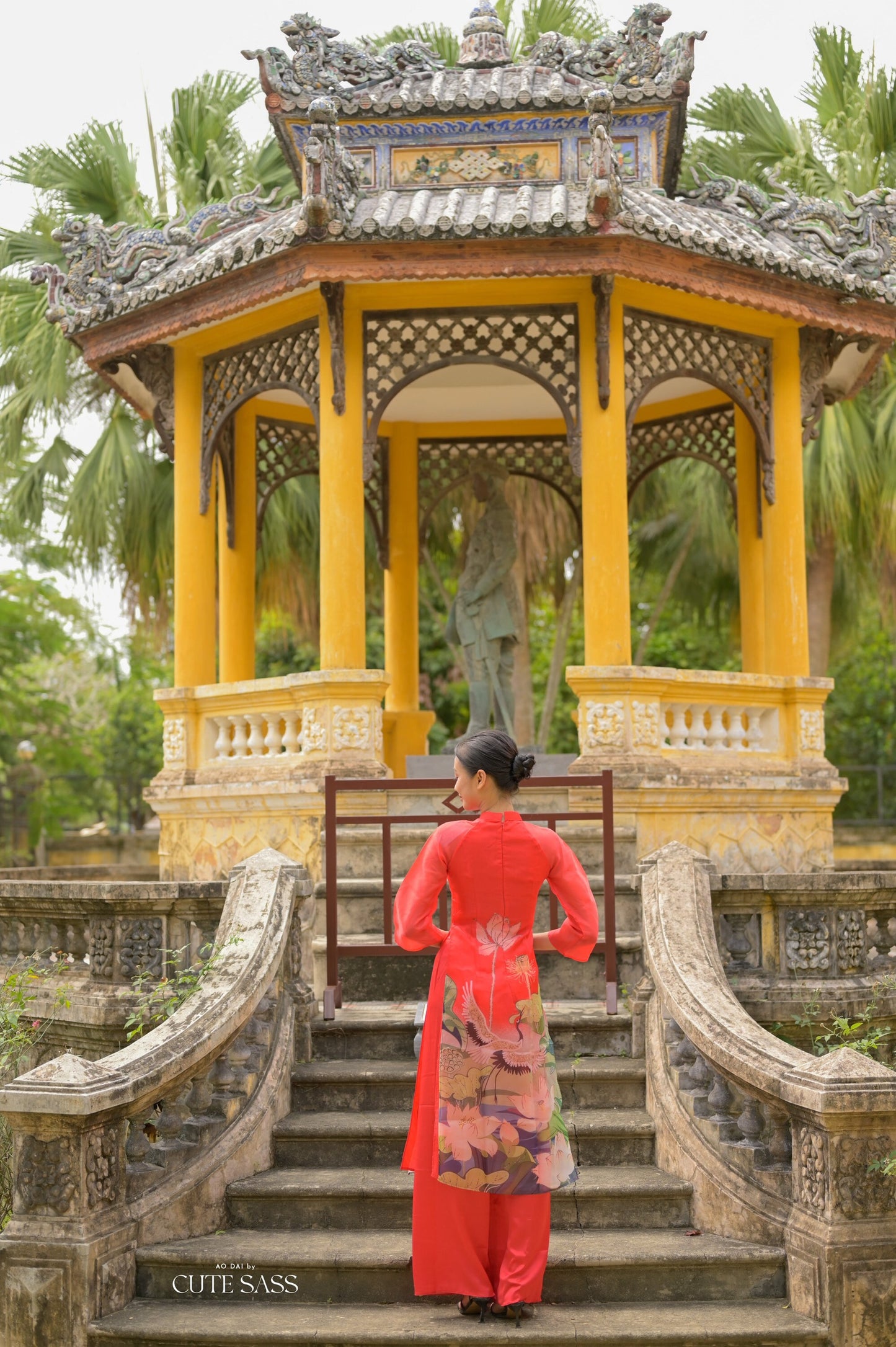 Red Sparkle Lotus & Crane Ao Dai Set