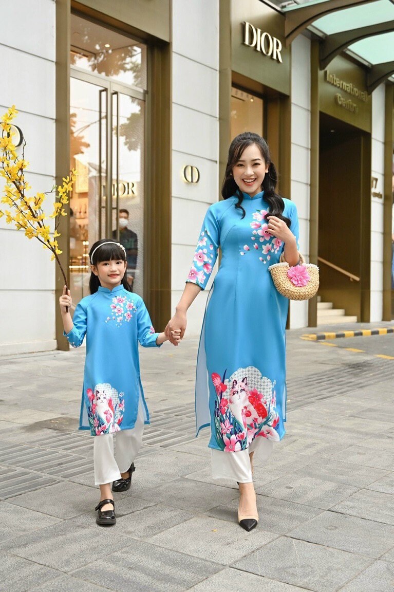 Family Blue Printed Ao Dai Set
