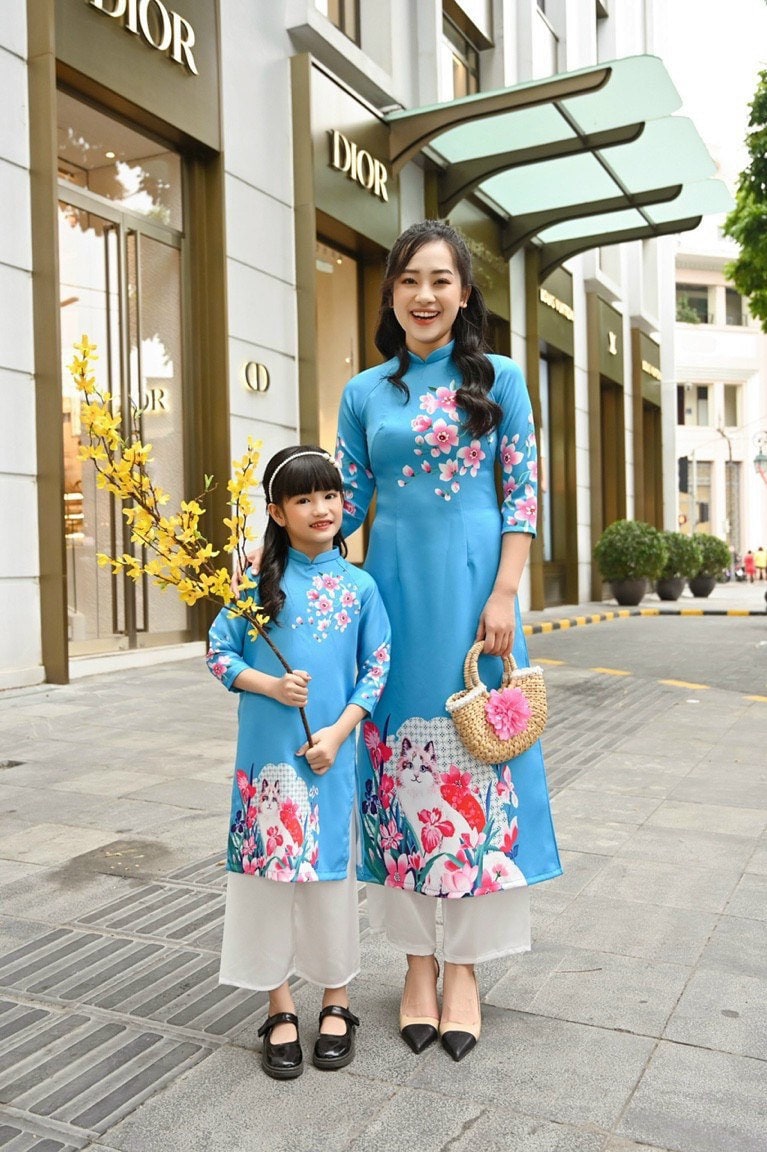 Family Blue Printed Ao Dai Set