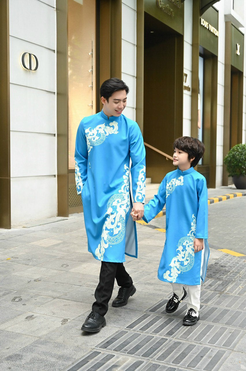 Family Blue Printed Ao Dai Set