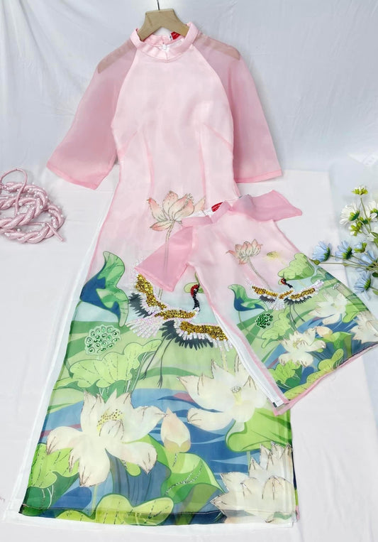 Mom and Daughter Sparke Pink Crane Ao Dai Set