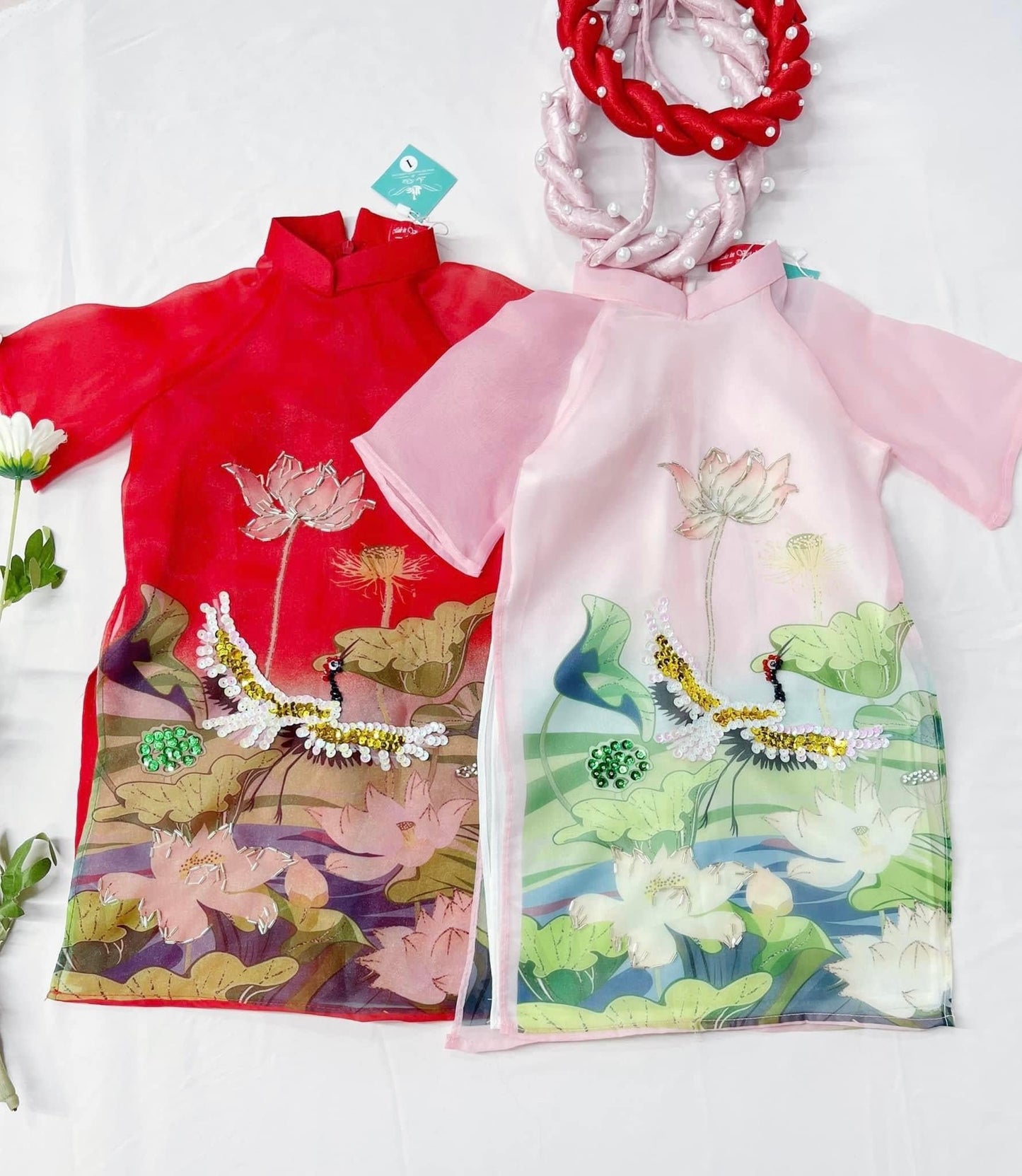 Mom and Daughter Sparke Pink Crane Ao Dai Set