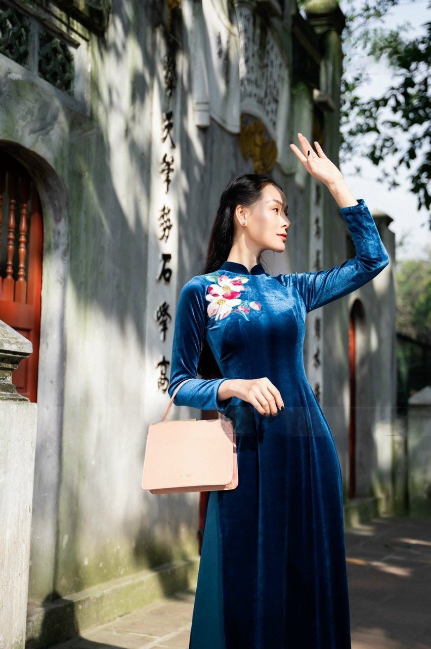 Prussian Blue Embroidery Velvet Ao Dai Top Only, NO PANTS