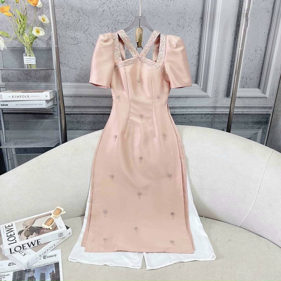 Sparkle Cut-out Puffy Sleeve Ao Dai Set (3 Colors)