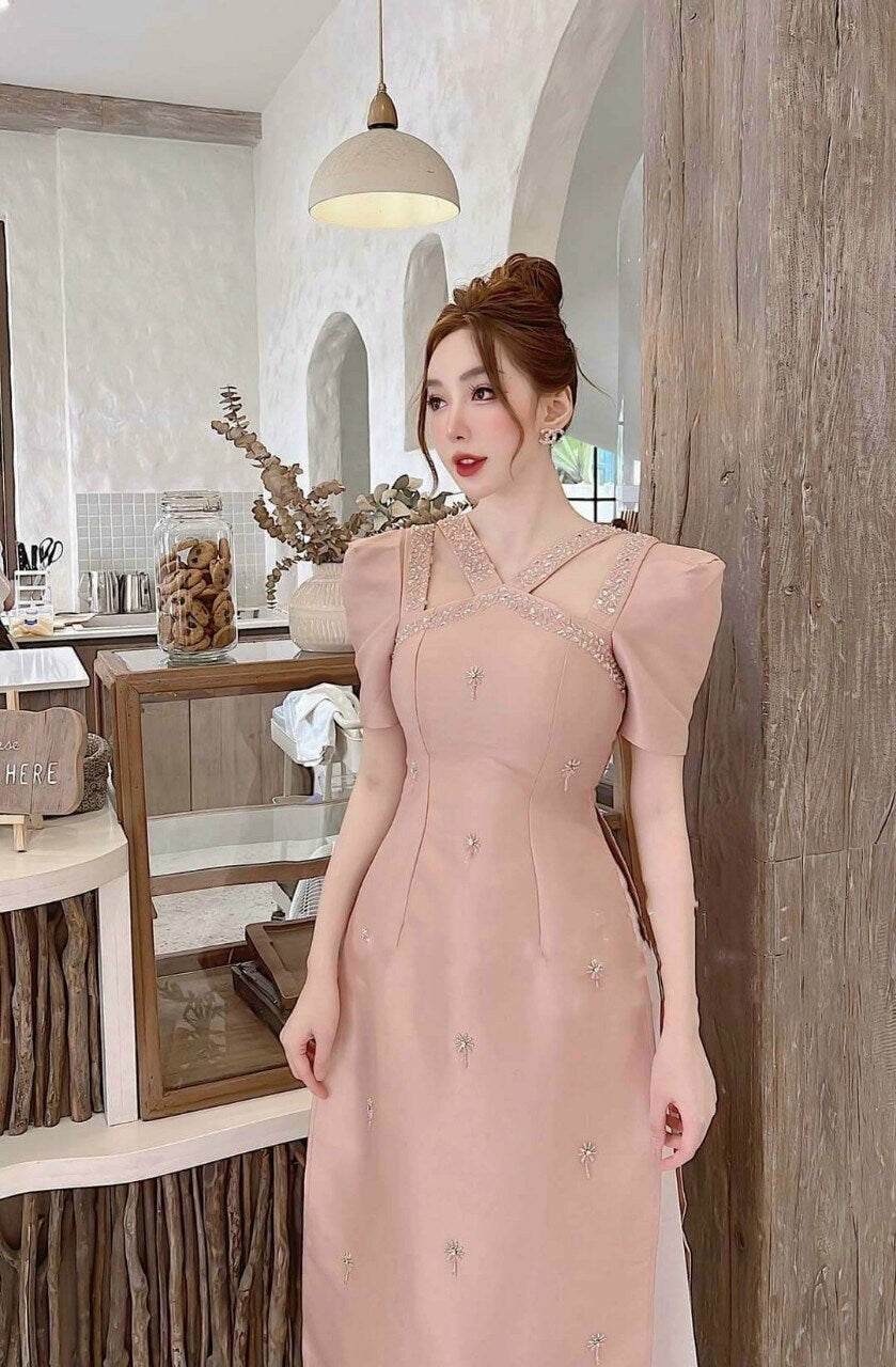 Sparkle Cut-out Puffy Sleeve Ao Dai Set (3 Colors)