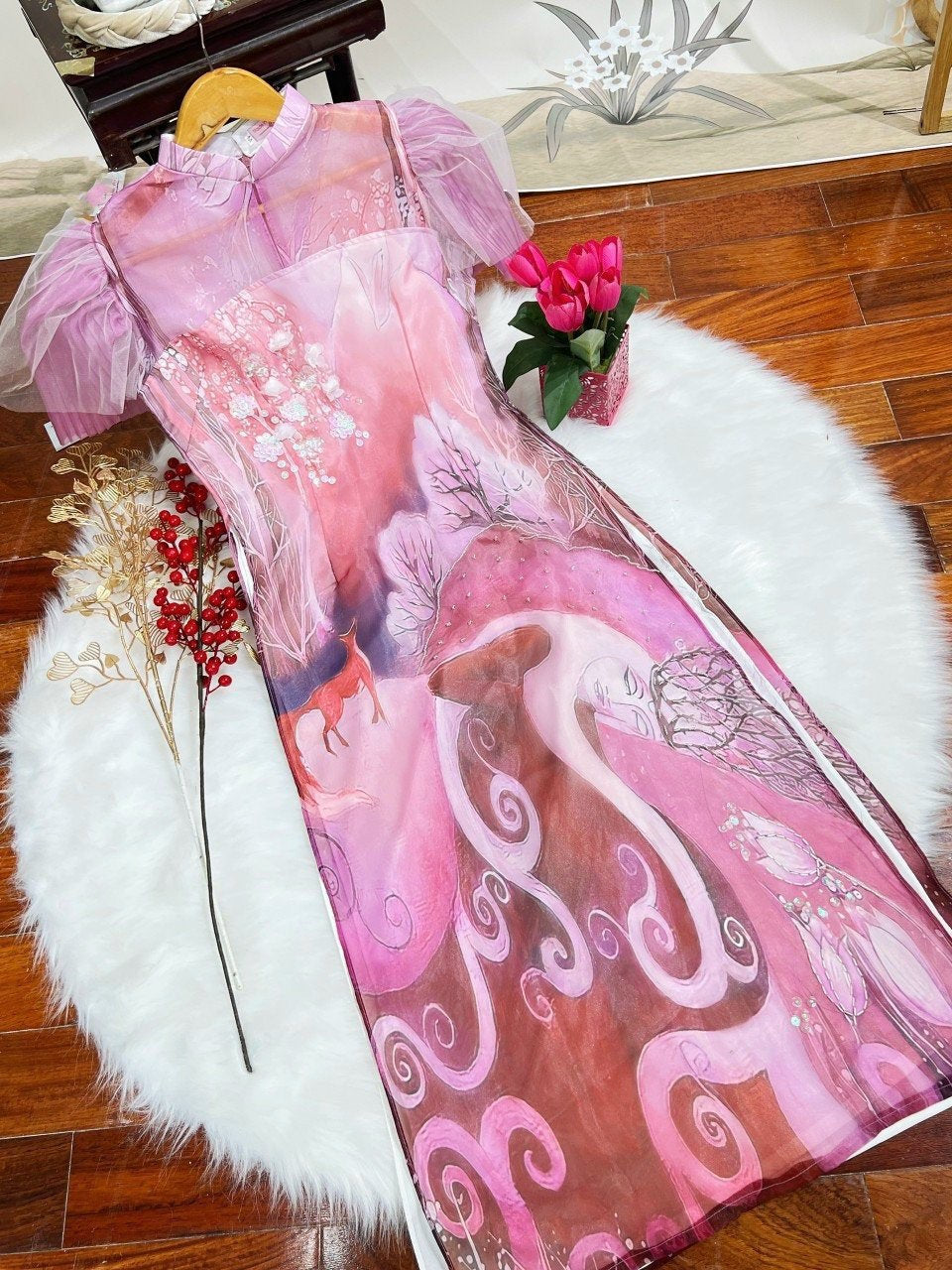 Pink/Purple Nightfalls Ruffle Sleeve Ao Dai Set