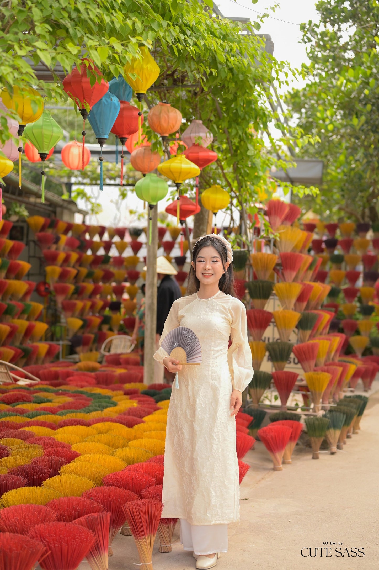 Cream Pearl Puffy Long Sleeve Ao Dai Set