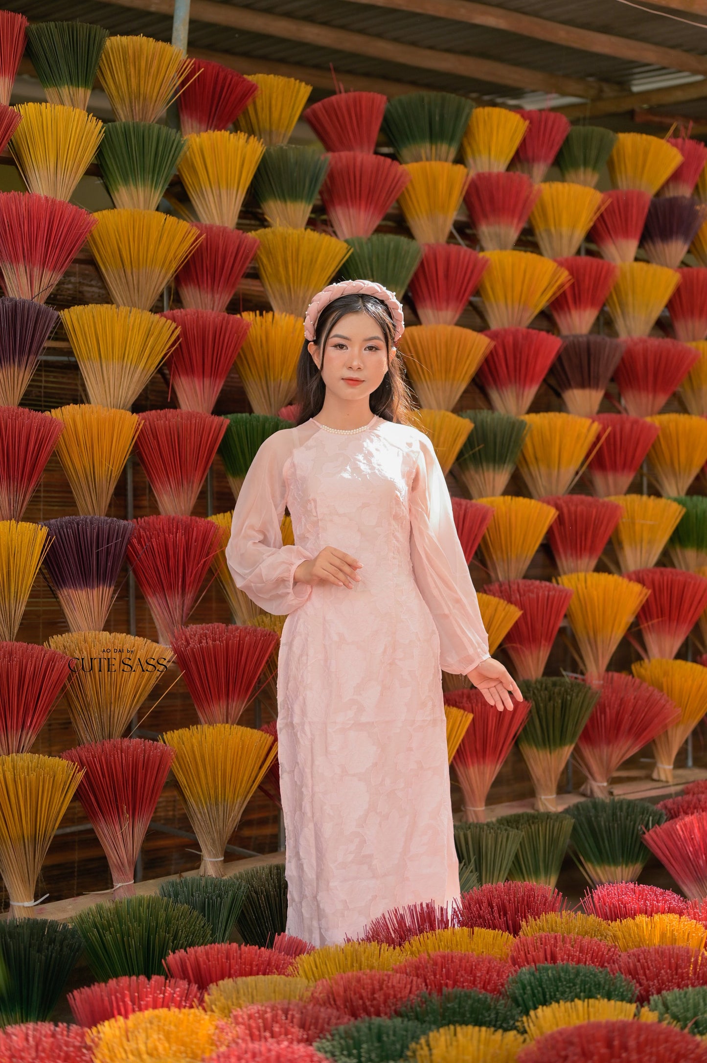 Pink Pearl Puffy Long Sleeve Ao Dai Set