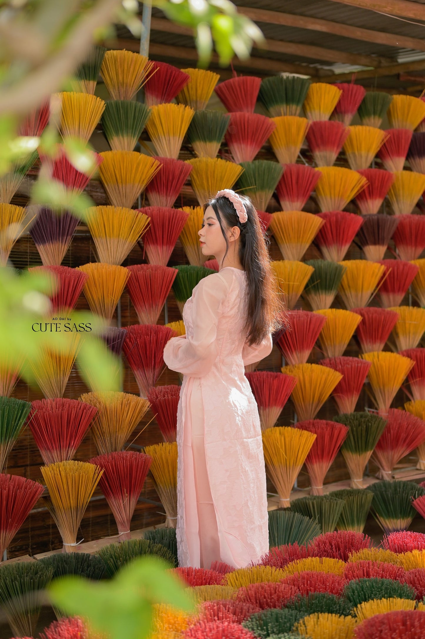 Pink Pearl Puffy Long Sleeve Ao Dai Set