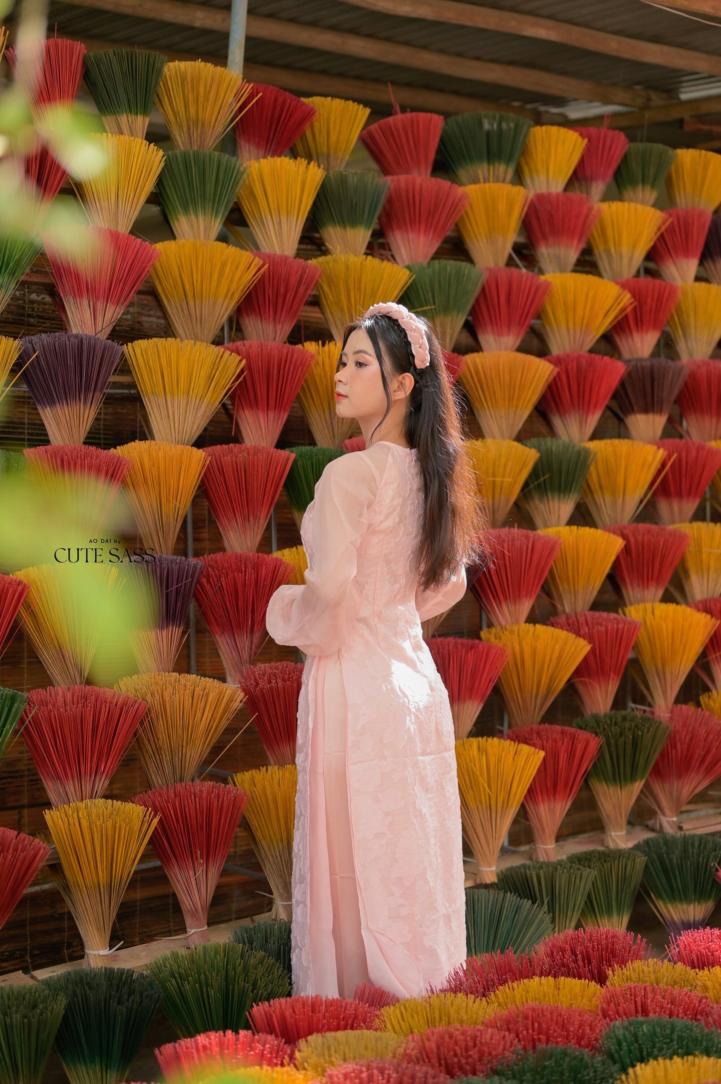 Pink Pearl Puffy Long Sleeve Ao Dai Set