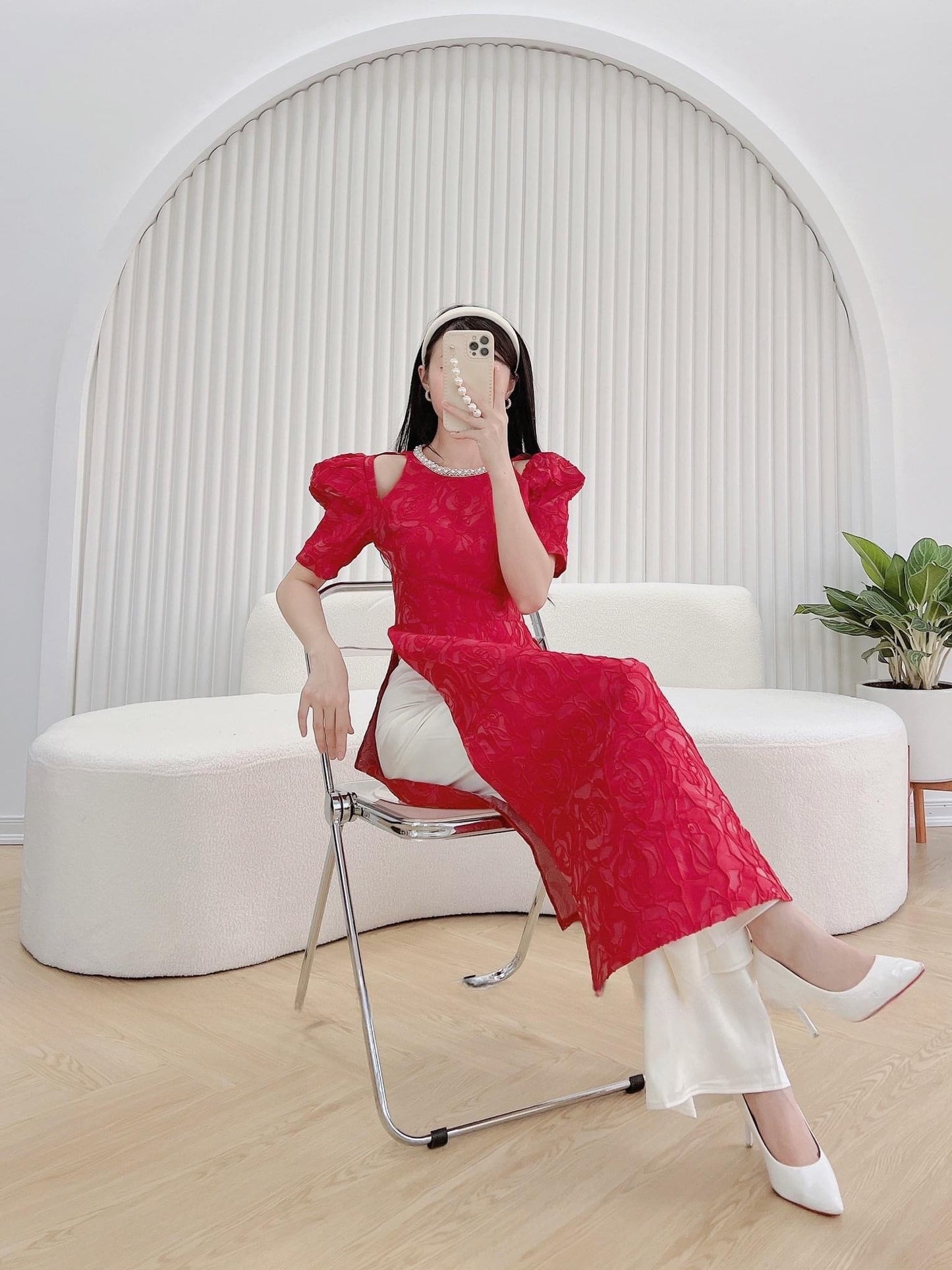Red Pearl Cut-out Puffy Sleeve Ao Dai Set