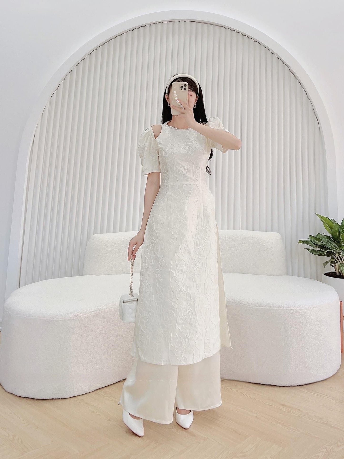 White Pearl Cut-out Puffy Sleeve Ao Dai Set