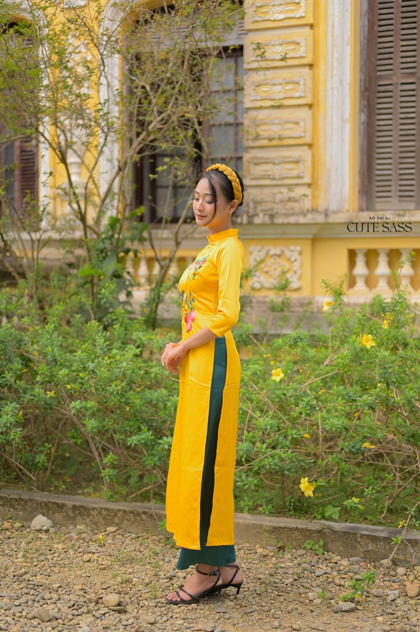 Yellow Embroidery Sparrow Ao Dai Set