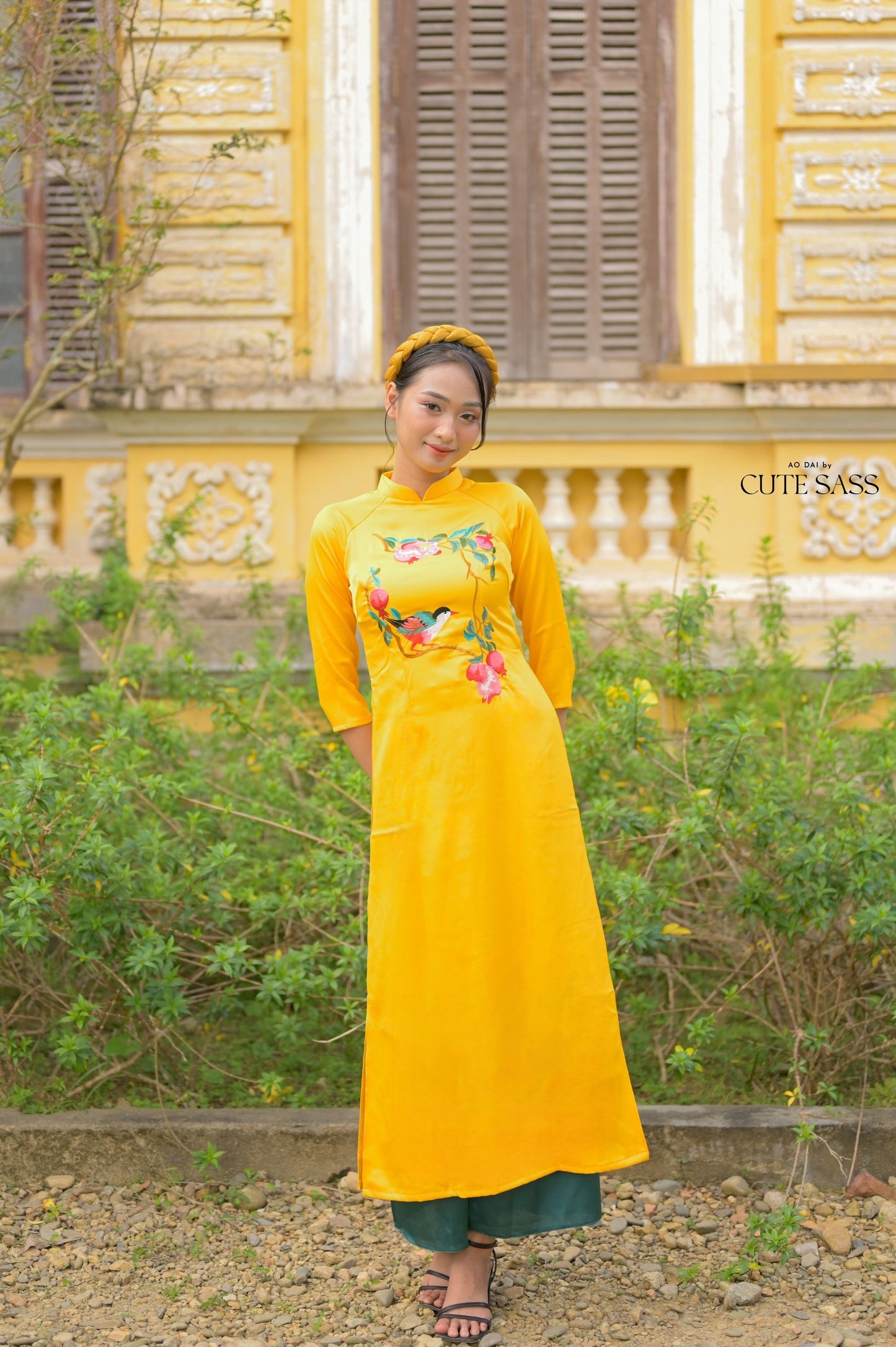 Yellow Embroidery Sparrow Ao Dai Set