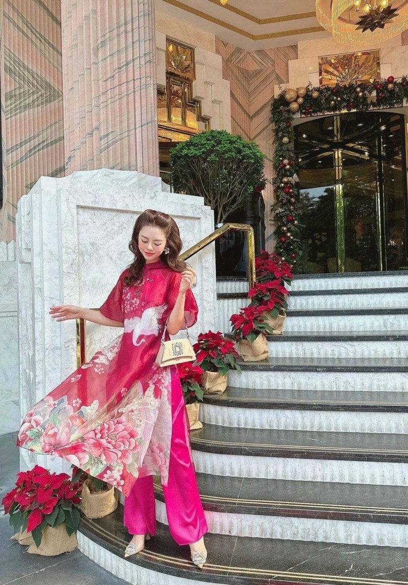 Red Modern Peony Ao Dai Set
