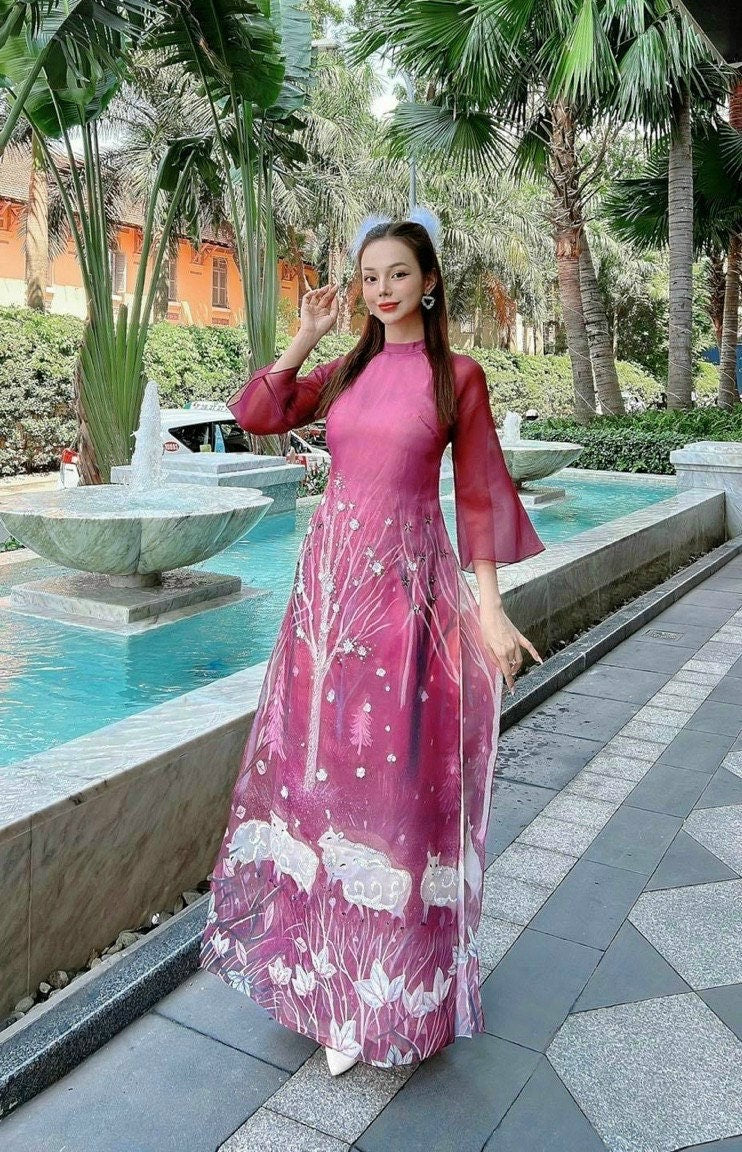 Purple Sheeps Chiffon Ao Dai Set