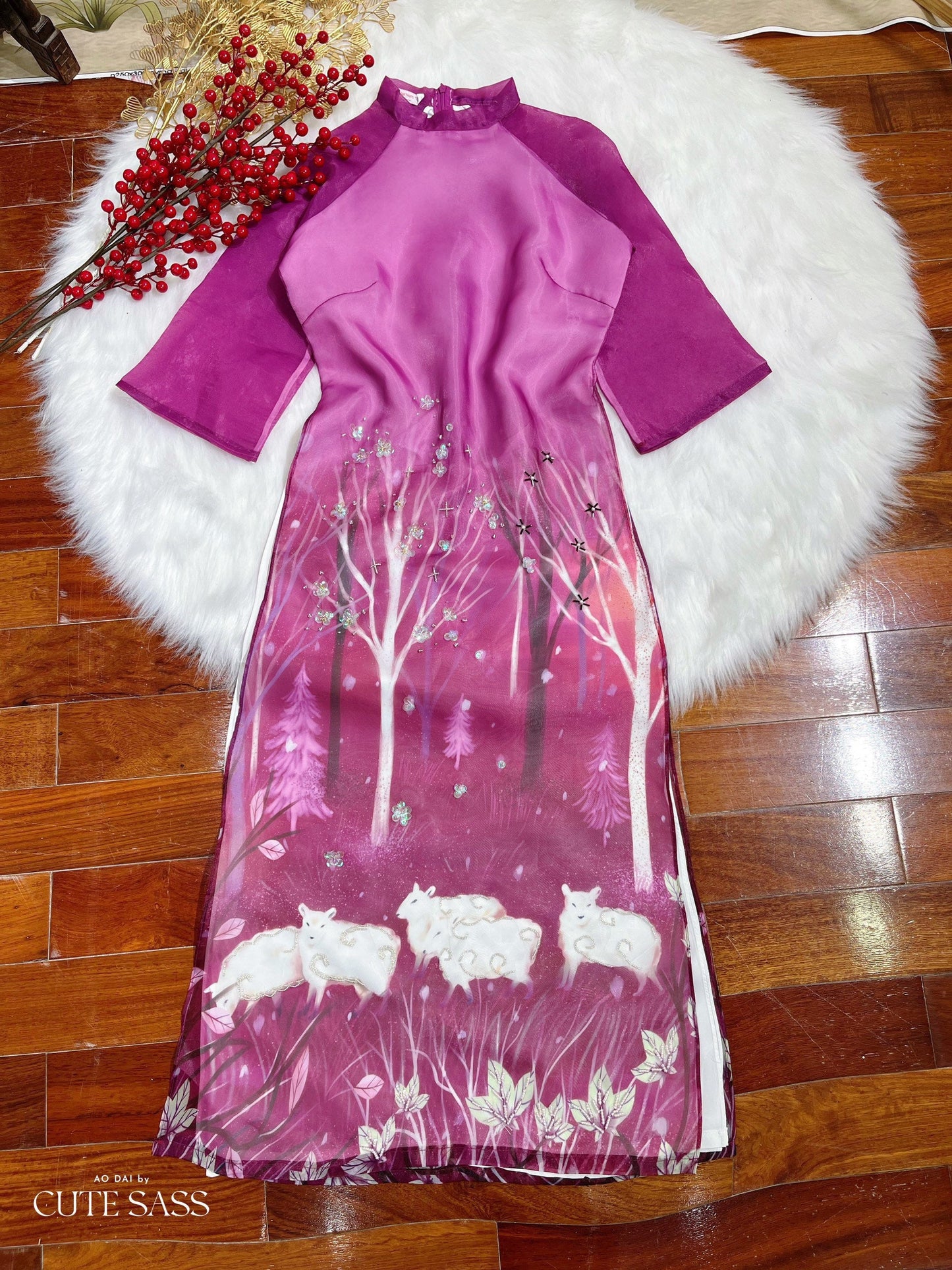 Purple Sheeps Chiffon Ao Dai Set