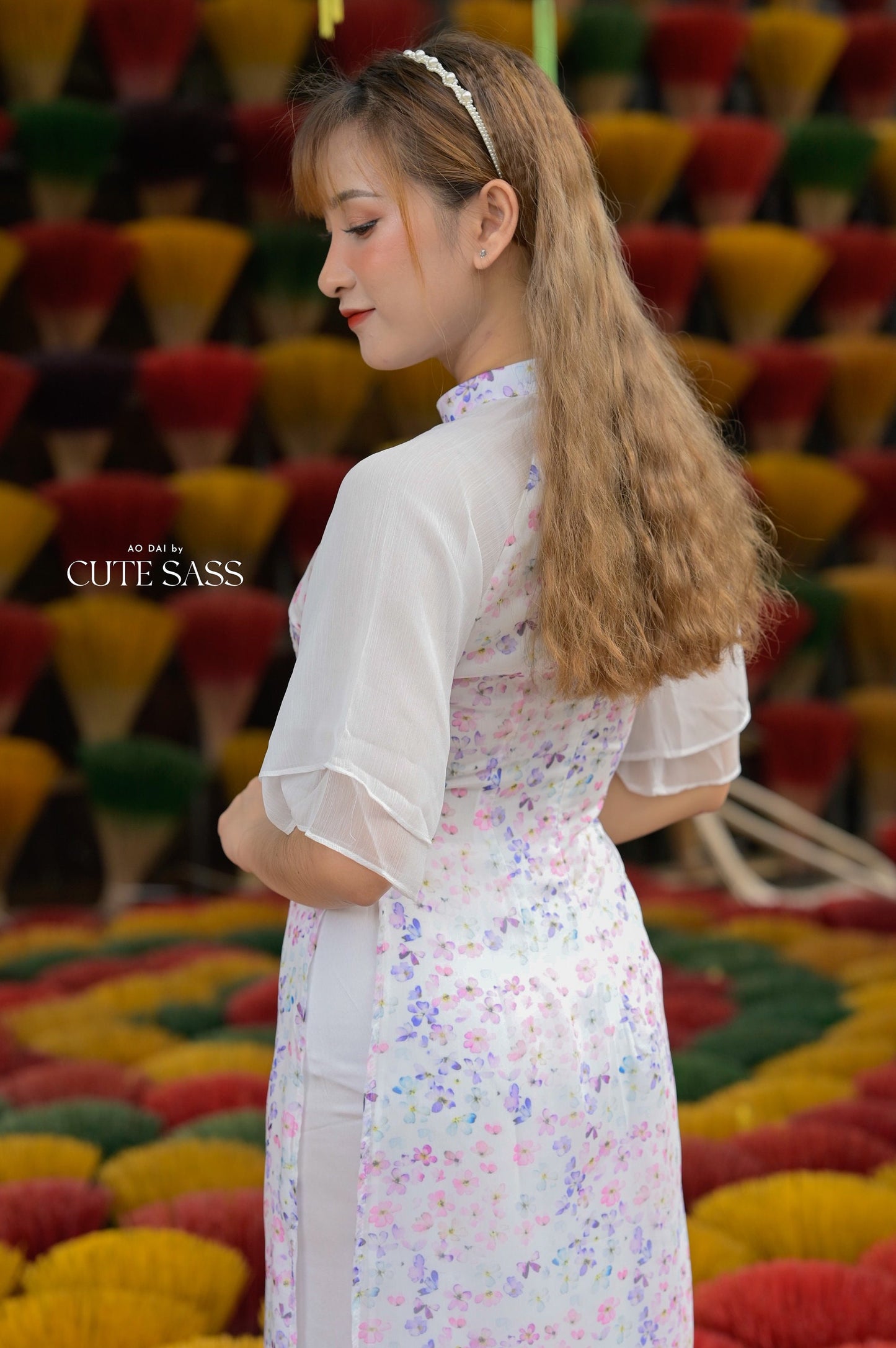 Purple Wing Sleeve Mini Flowers Ao Dai Set