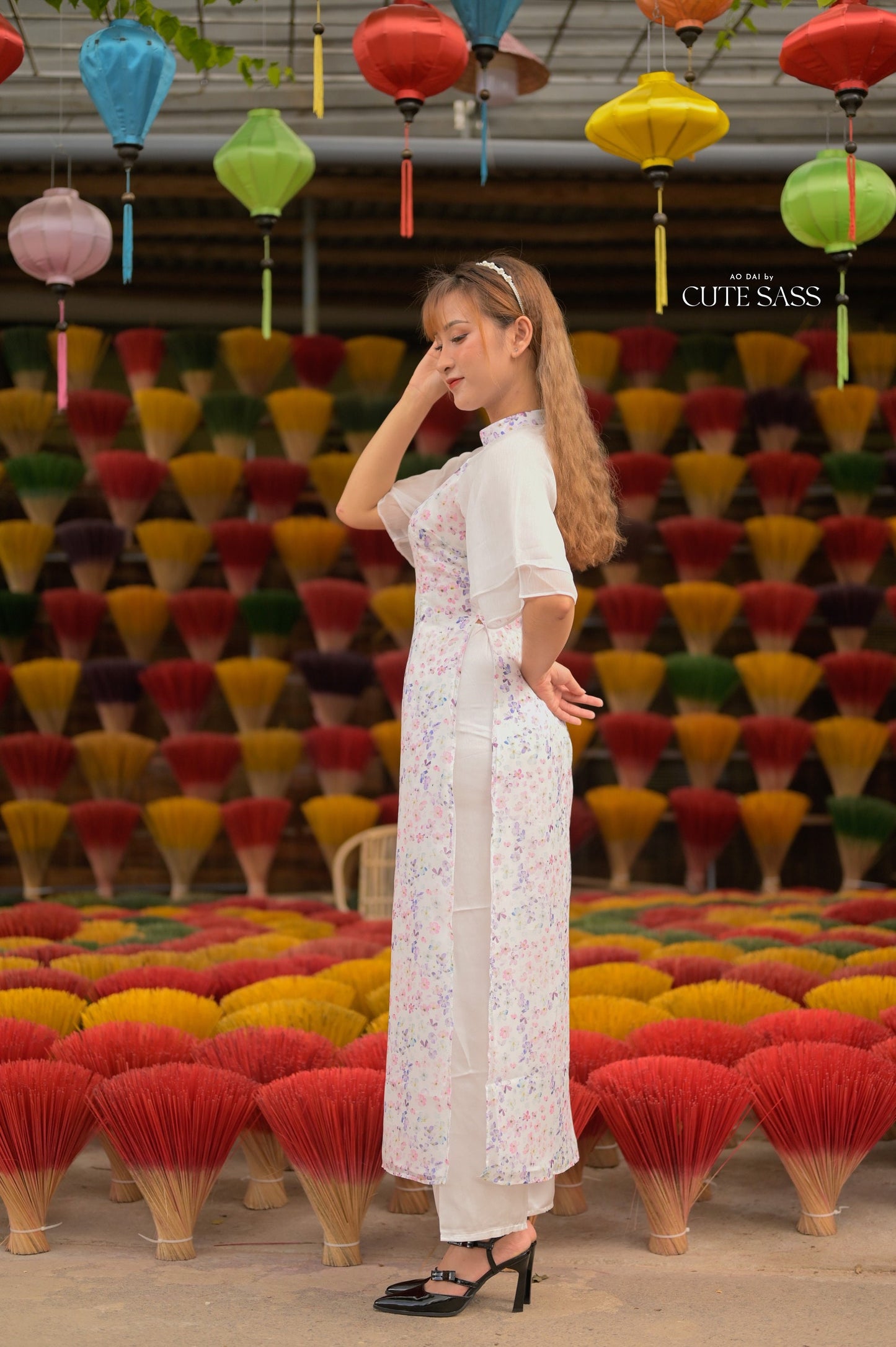 Purple Wing Sleeve Mini Flowers Ao Dai Set