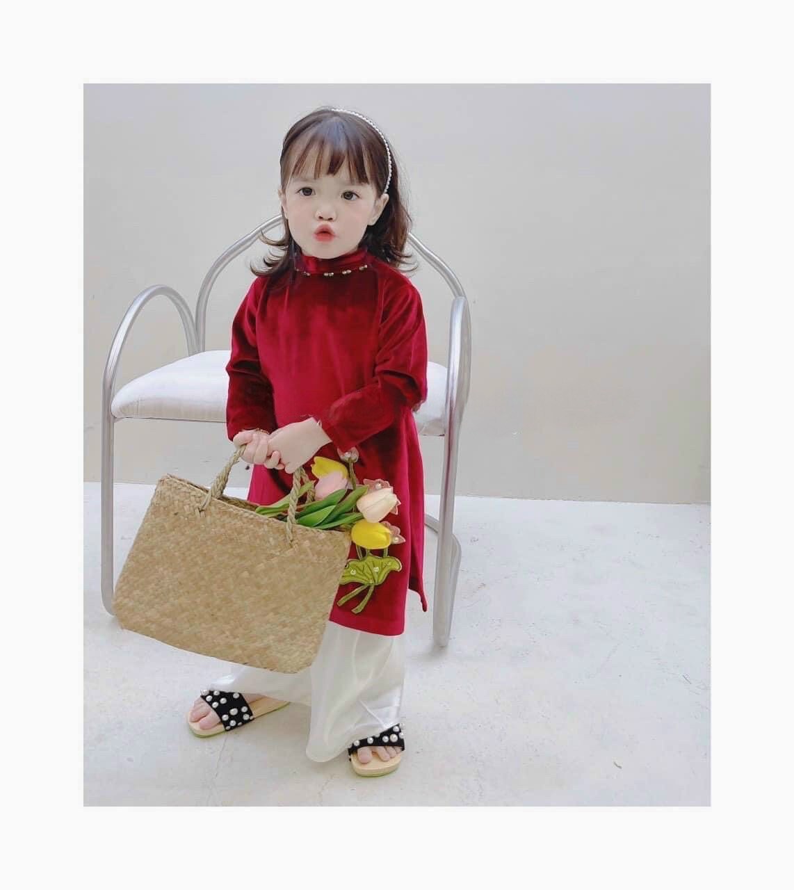 Girl Velvet Lotus Ao Dai Set (Green, Red, Pink)