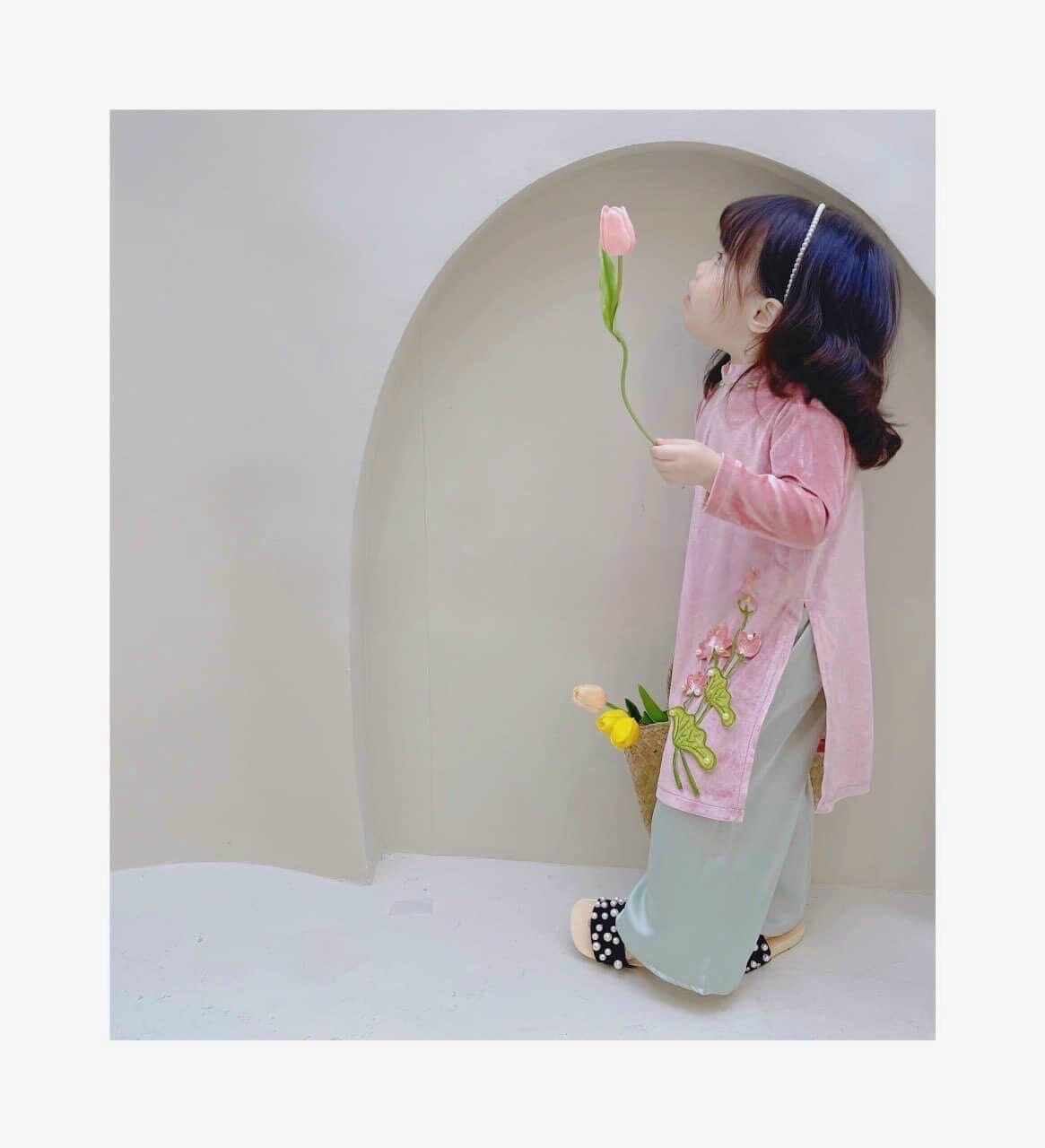 Girl Velvet Lotus Ao Dai Set (Green, Red, Pink)
