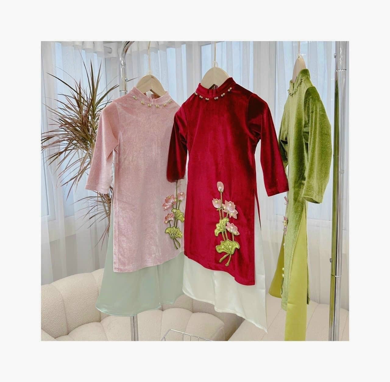 Girl Velvet Lotus Ao Dai Set (Green, Red, Pink)