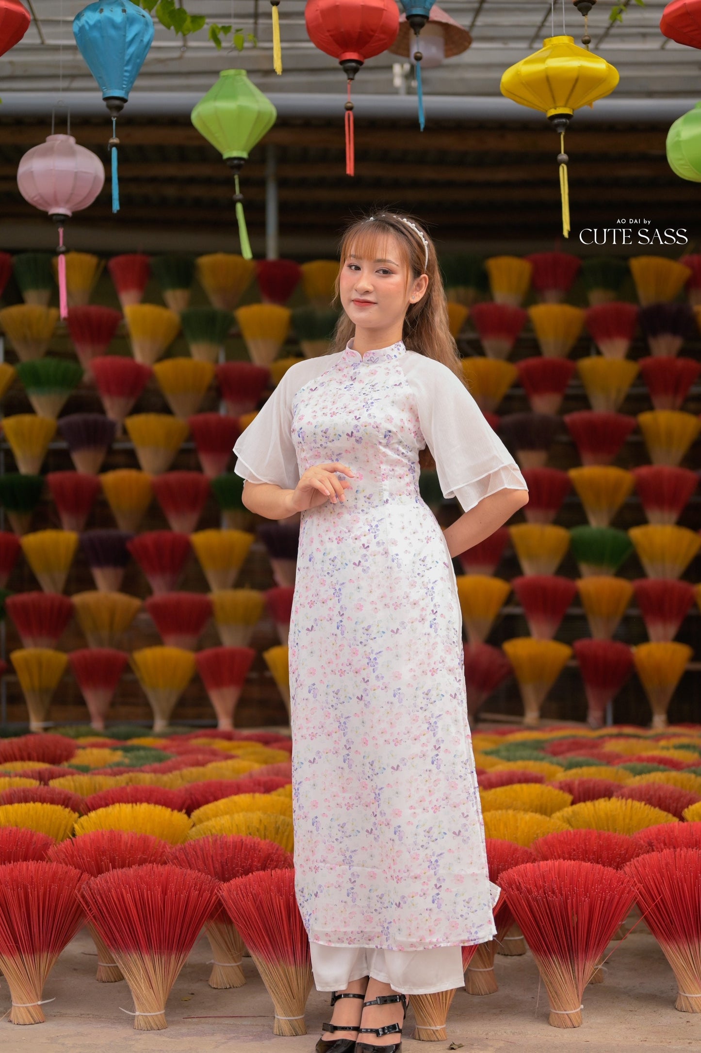 Purple Wing Sleeve Mini Flowers Ao Dai Set