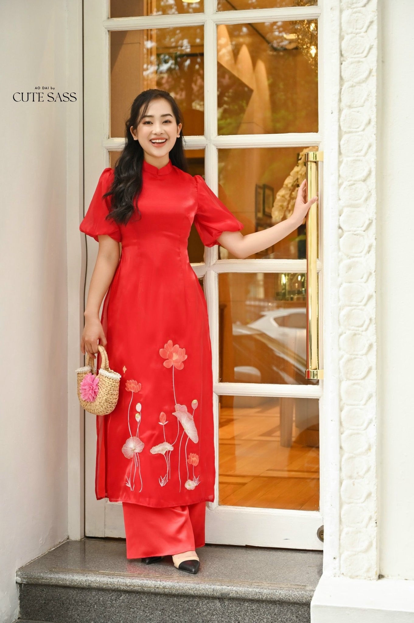 Mom and Daughter Puffy Sleeve Red Lotus Ao Dai Set