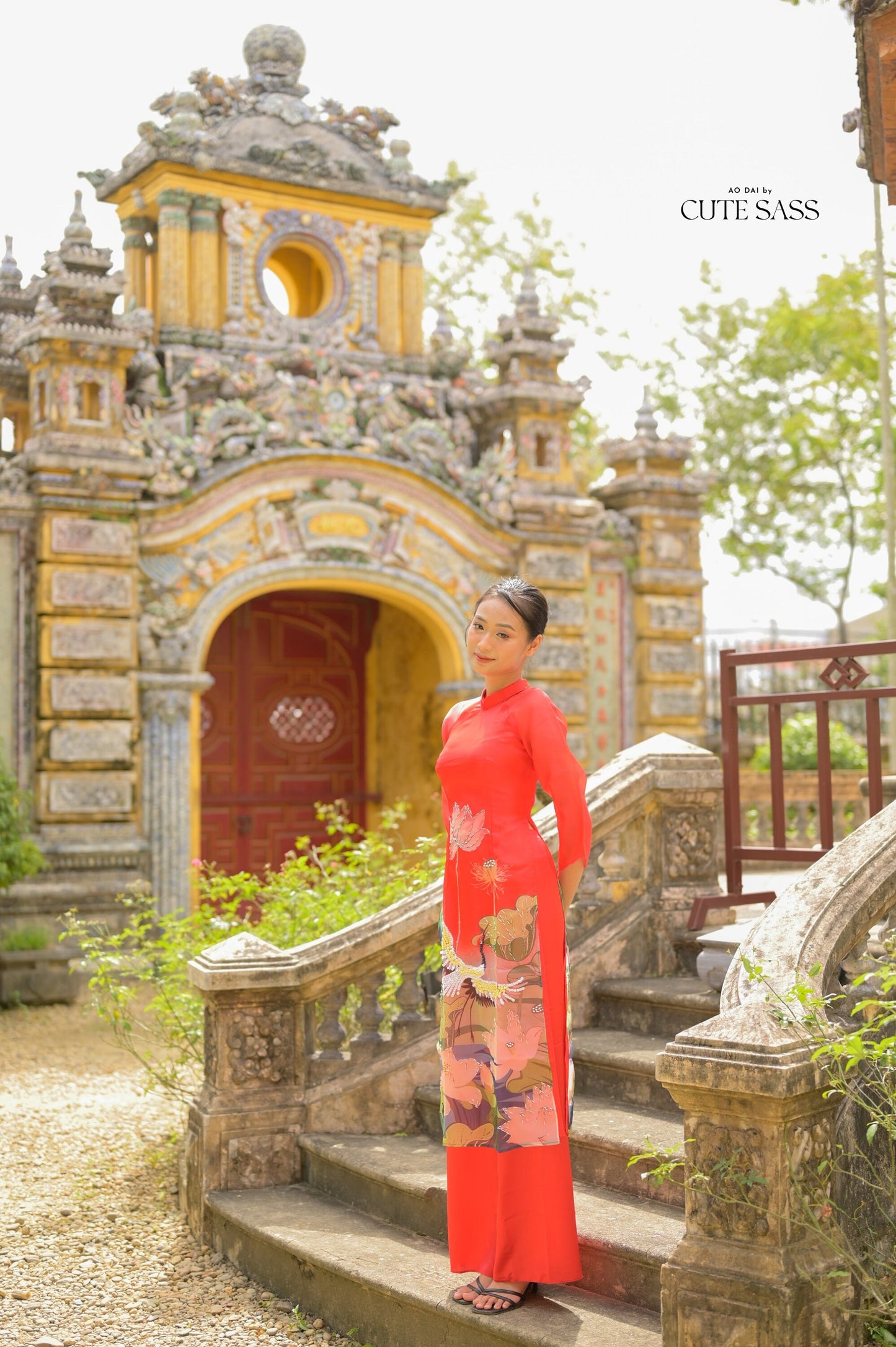 Red Sparkle Lotus & Crane Ao Dai Set
