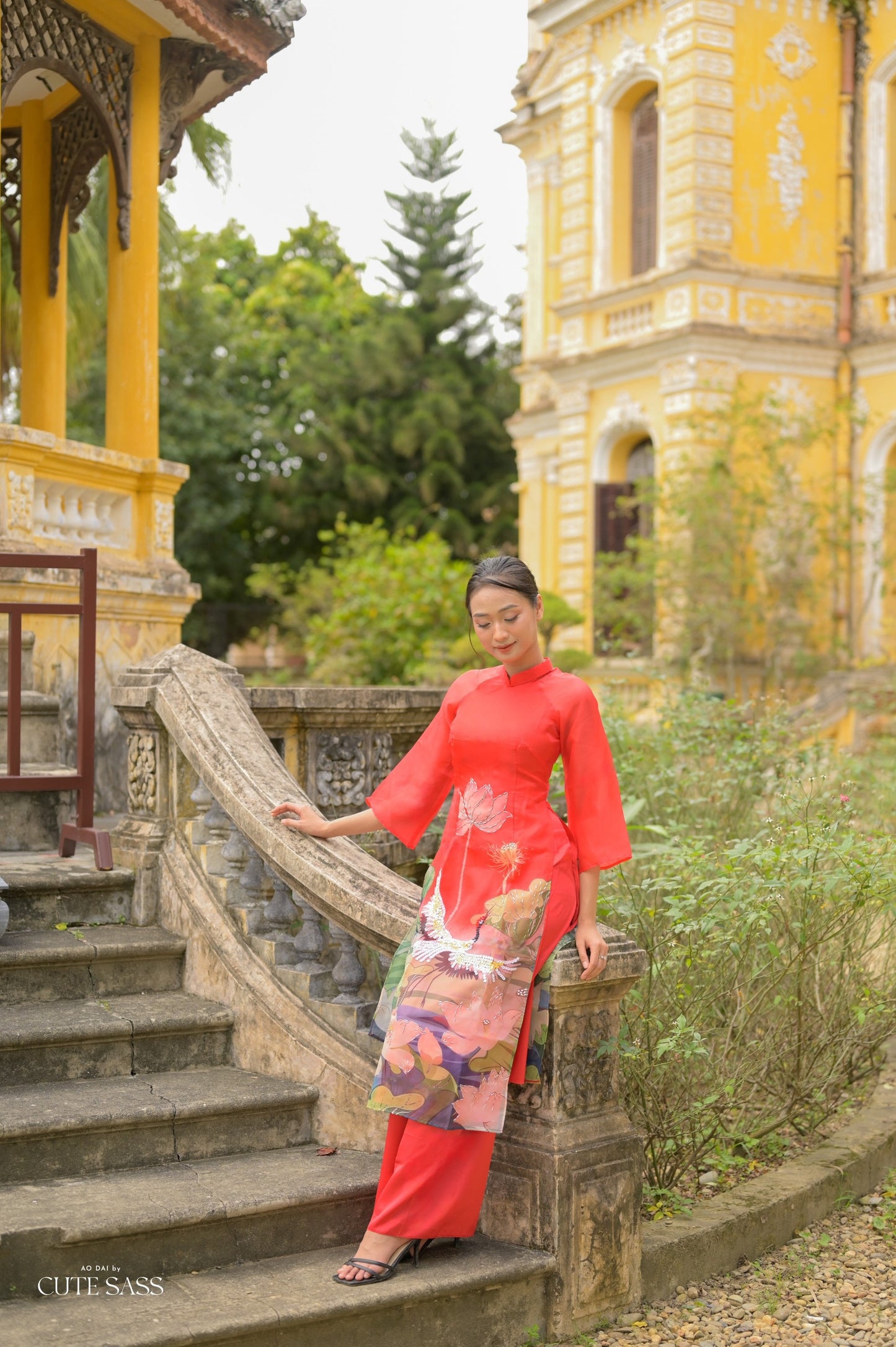 Red Sparkle Lotus & Crane Ao Dai Set