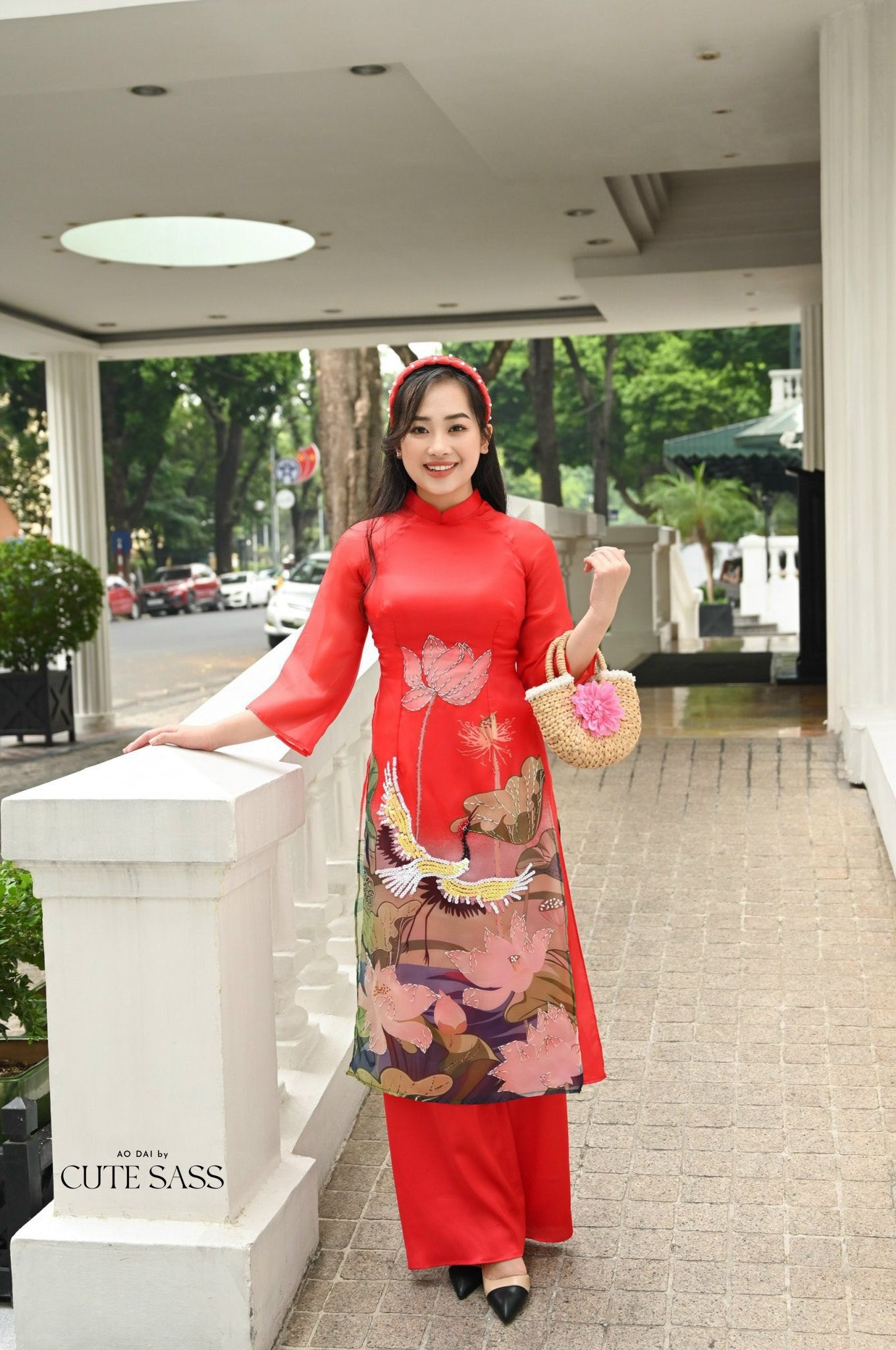 Red Sparkle Lotus & Crane Ao Dai Set