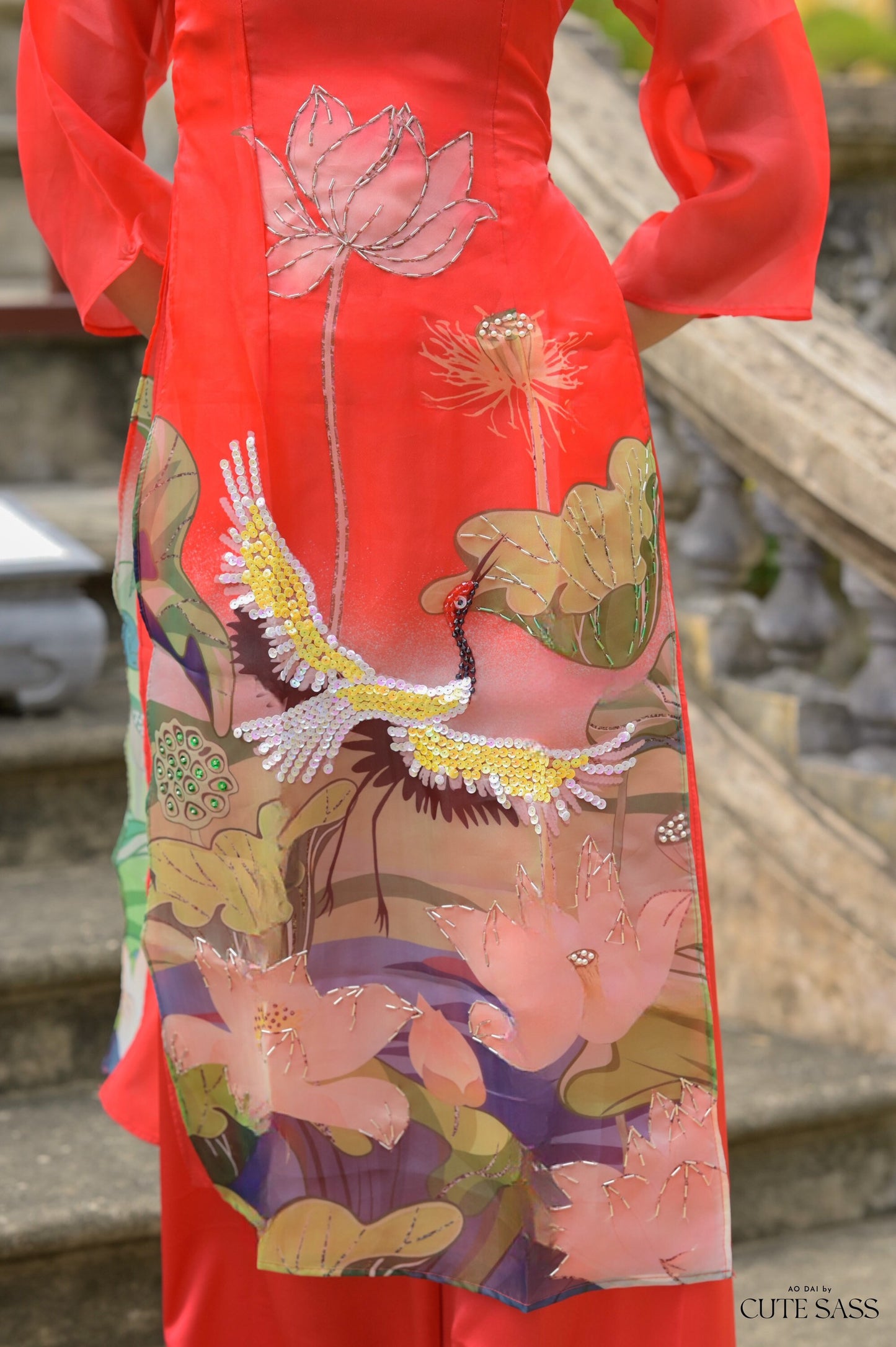 Red Sparkle Lotus & Crane Ao Dai Set