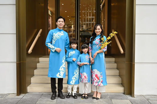 Family Blue Printed Ao Dai Set