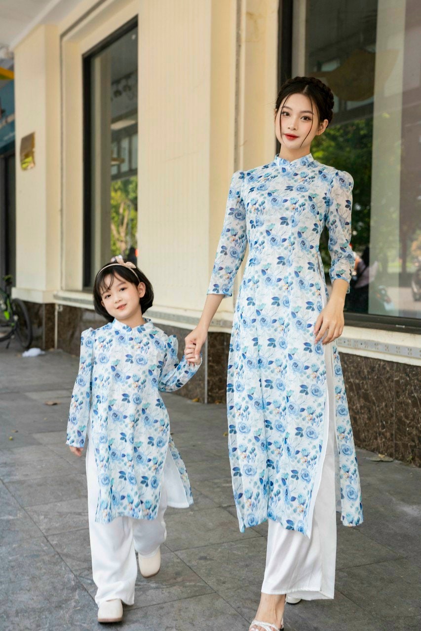 Mom and Daughter Blue Chiffon Puffy Sleeve Matching Ao Dai Set