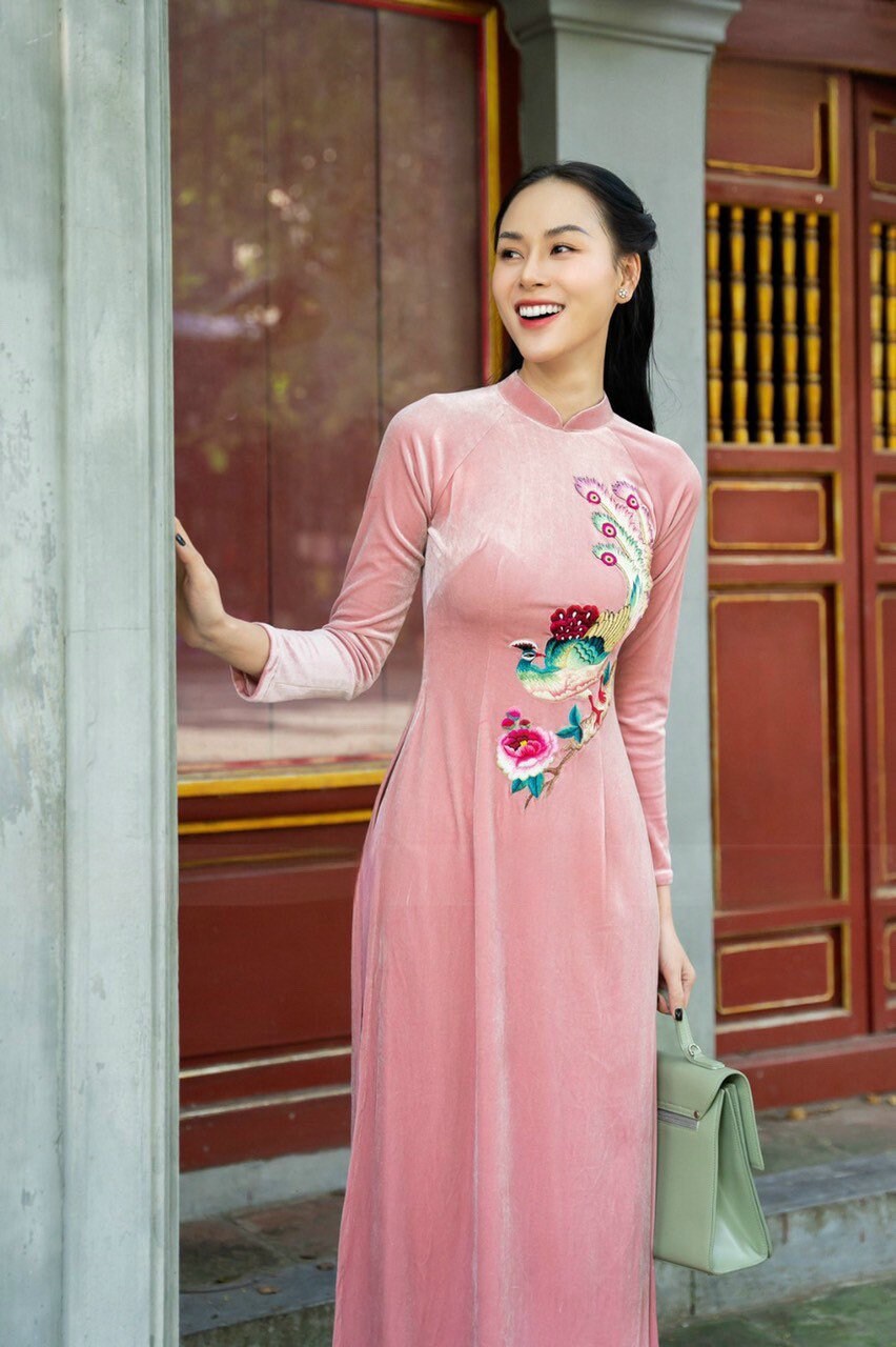 Light Pink Embroidery Velvet Ao Dai Top Only, NO PANTS