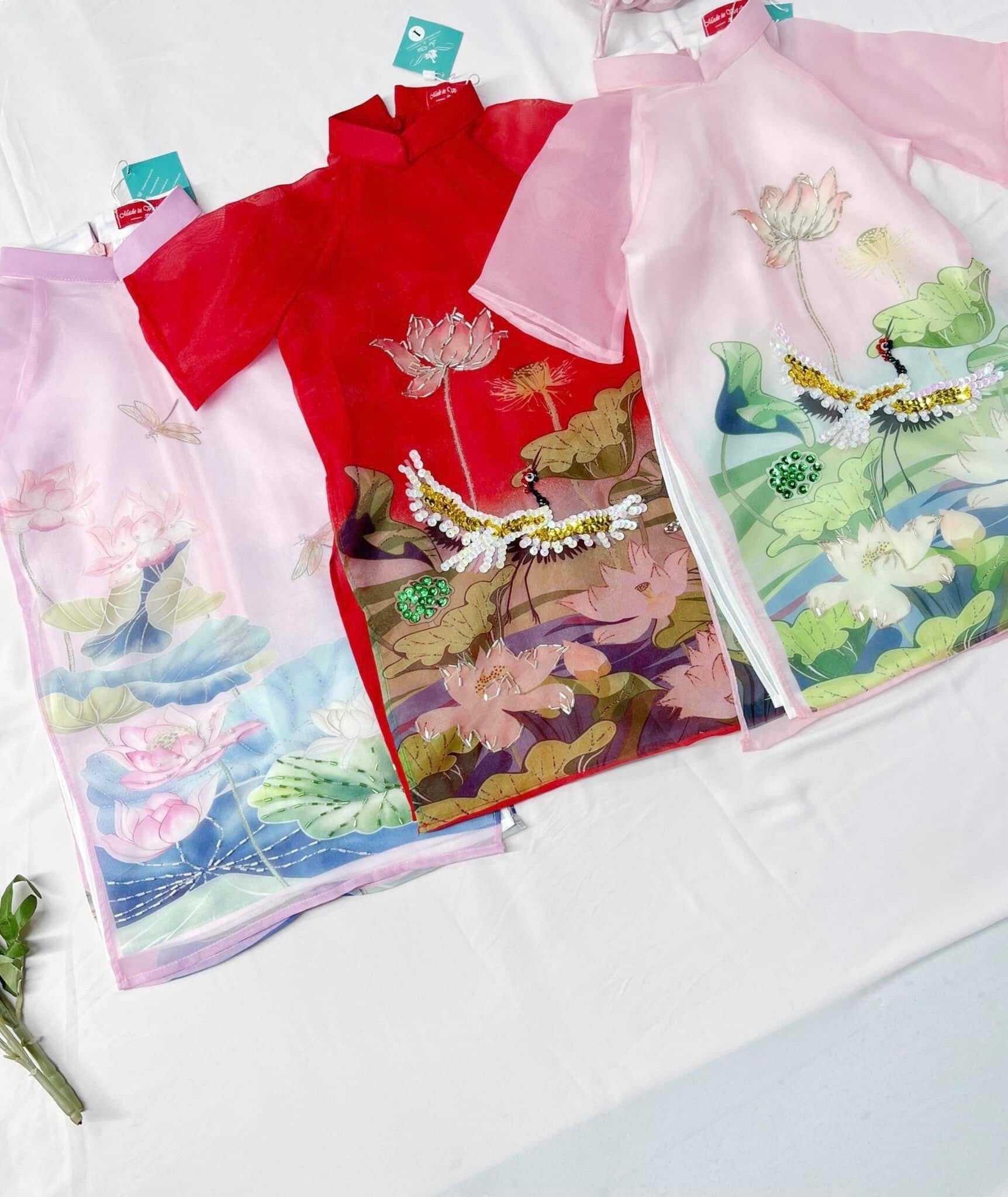 Mom and Daughter Sparke Pink Crane Ao Dai Set