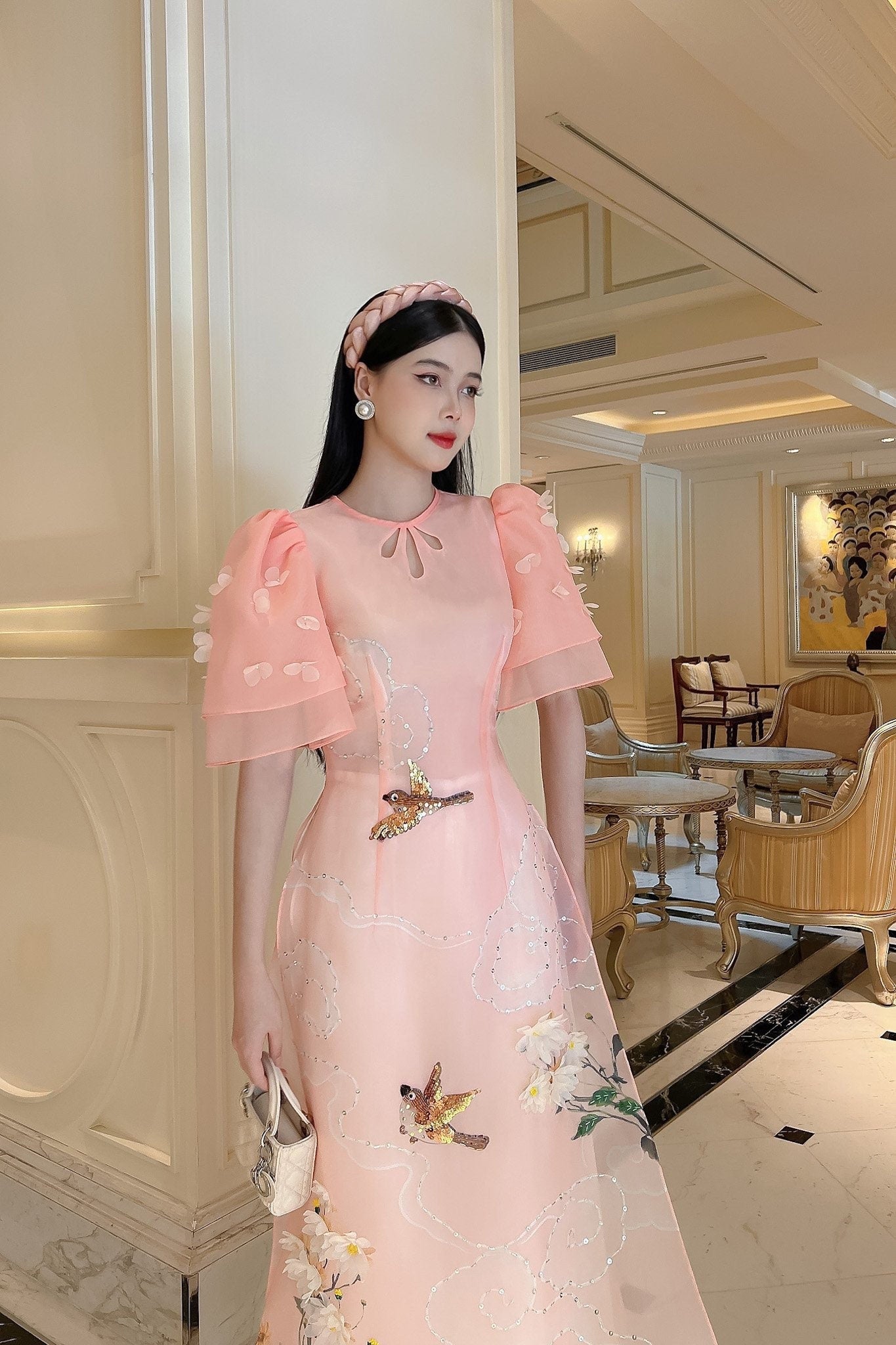 Blush Cut Out Tears Ao Dai Set