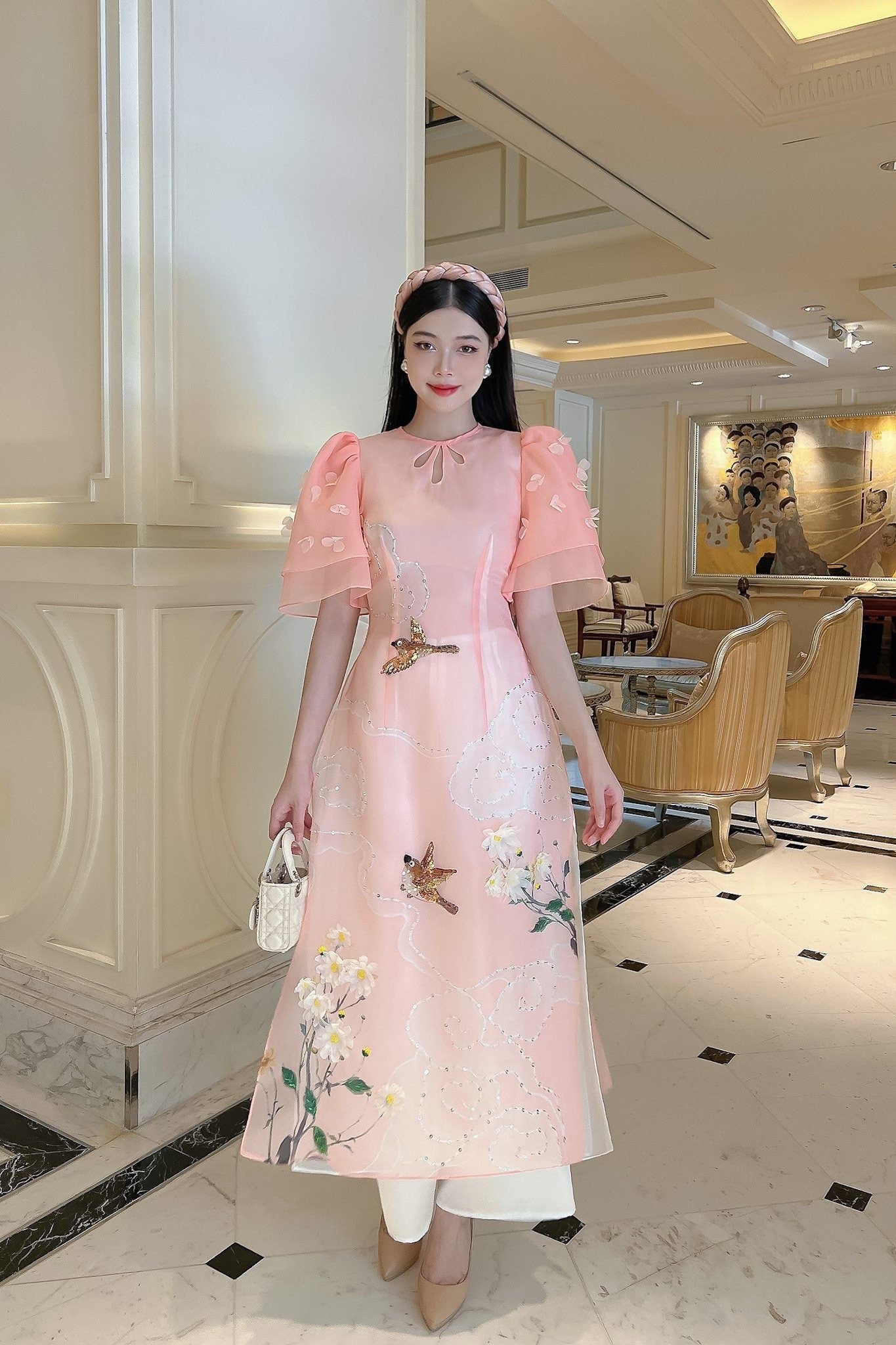 Blush Cut Out Tears Ao Dai Set