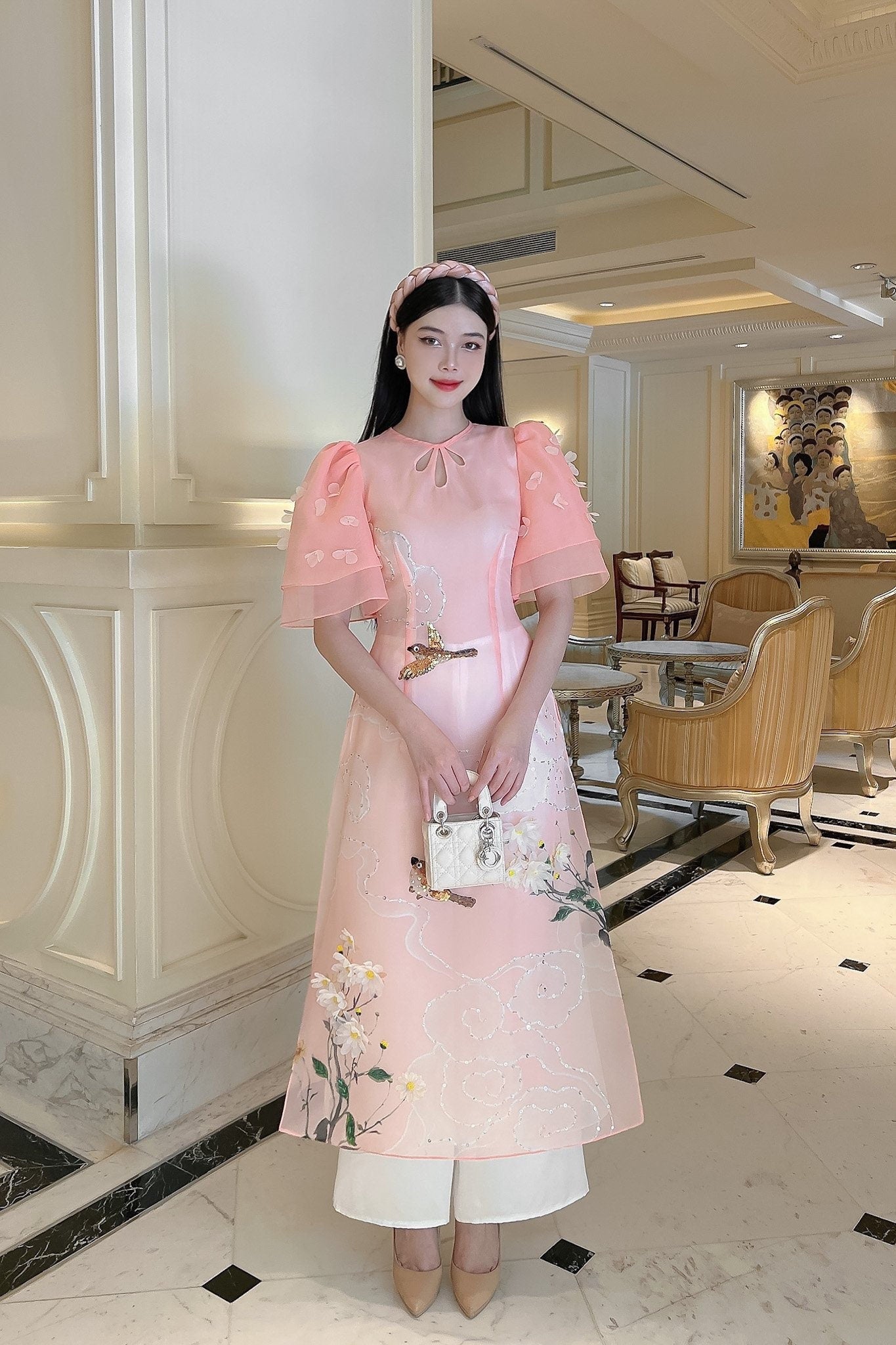 Blush Cut Out Tears Ao Dai Set